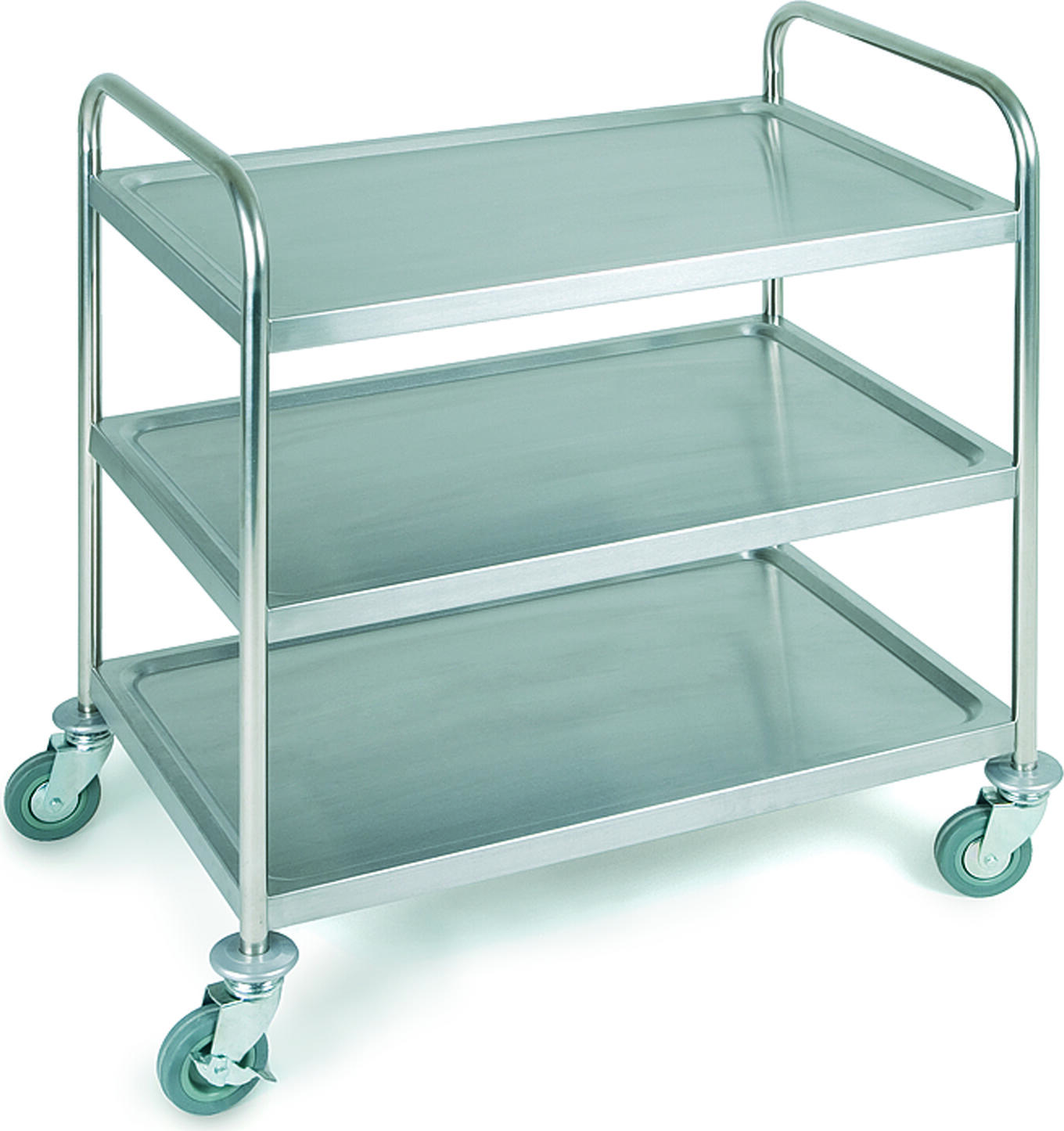 APS Assheuer + Pott GmbH & Co. KG Serving/transport trolley 3 shelves Servier-/Transportwagen 3 Borden Serving/transport trolley 3 shelves; 91x51x93 cm (WxDxH); silver Servier-/Transportwagen 3 Borden; 91x51x93 cm (BxTxH); silber With 3 shelves, shelf dimensions approx. 83 x 51 cm, distance between shelves approx. 26 cm, load capacity 120 kg, 4 swivel castors, 2 of which are lockable, supplied dismantled, easy assembly. Der Servier-/Transportwagen eignet sich ideal zum sicheren Transportieren und Bereitstellen von Geschirr, Speisen, Getränken oder Arbeitsmaterialien in Gastronomie, Hotellerie, Catering und Gemeinschaftsverpflegung. Die schwere Ausführung unterstützt eine zuverlässige Nutzung im täglichen Einsatz, während die Lenkrollen ein komfortables Manövrieren ermöglichen. Die mehreren Borde bieten praktische Ablageflächen für flexible Serviceabläufe. * Aus mattiertem Edelstahl gefertigt * Mit drei Borden * Schwere Ausführung * Mit vier Lenkrollen, davon zwei feststellbar * Einfache Montage * Lieferung demontiert * Feucht abwischbar * Nicht spülmaschinengeeignet