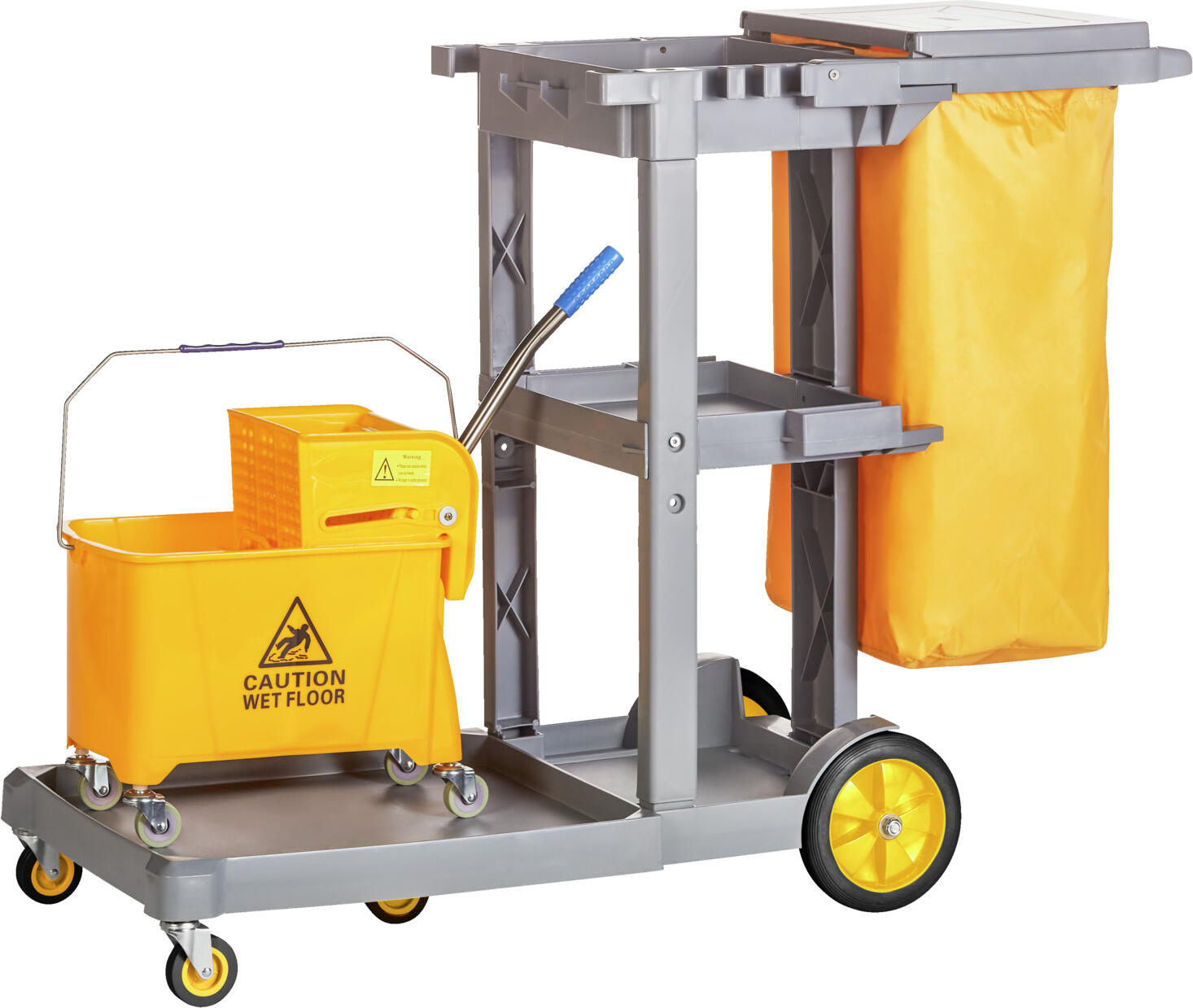 PULSIVA LUSINI Solutions GmbH Cleaning trolley Clean Basic with press Reinigungswagen Clean Basic mit Presse Cleaning trolley Clean Basic with press; 131x52x99 cm (LxWxH); grey/yellow Reinigungswagen Clean Basic mit Presse; 131x52x99 cm (LxBxH); grau/gelb Practical set consisting of the Clean Basic cleaning trolley and the Clean Basic plastic wiping unit. The double bucket is equipped with a 20 litre bucket and a vertical squeegee. Flexible cleaning and janitorial trolley with plenty of storage space. Incl. waste bag, hooks for bin bags and clips for brooms and mops. Ideal for removing waste and carrying cleaning products. Mopping unit dimensions: WxDxH 49x28x69 cm. Supplied disassembled. Easy to assemble. Praktisches Set bestehend aus dem Reinigungswagen Clean Basic und der Wischeinheit Clean Basic aus Kunststoff. Der Doppelfahreimer ist mit einem 20 Liter Eimer und einer Vertikalpresse ausgestattet. Flexibler Reinigungs- und Hausmeisterwagen mit viel Stauraum. Inkl. Abfallsack, Haken für Müllsäcke und Clips für Besen und Mopps. Ideal um Abfall zu entfernen und Reinigungsmittel mit zu führen. Maße Wischeinheit: BxTxH 49x28x69 cm. Wird zerlegt geliefert. Einfache Montage.