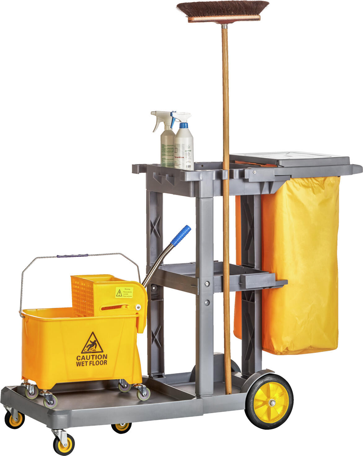 Pulsiva Clean Basic Cleaning Trolley Set, 20L Double Bucket with Vertical Press, Waste Bag and Accessories, 131x52x99 cm, Grey/Yellow