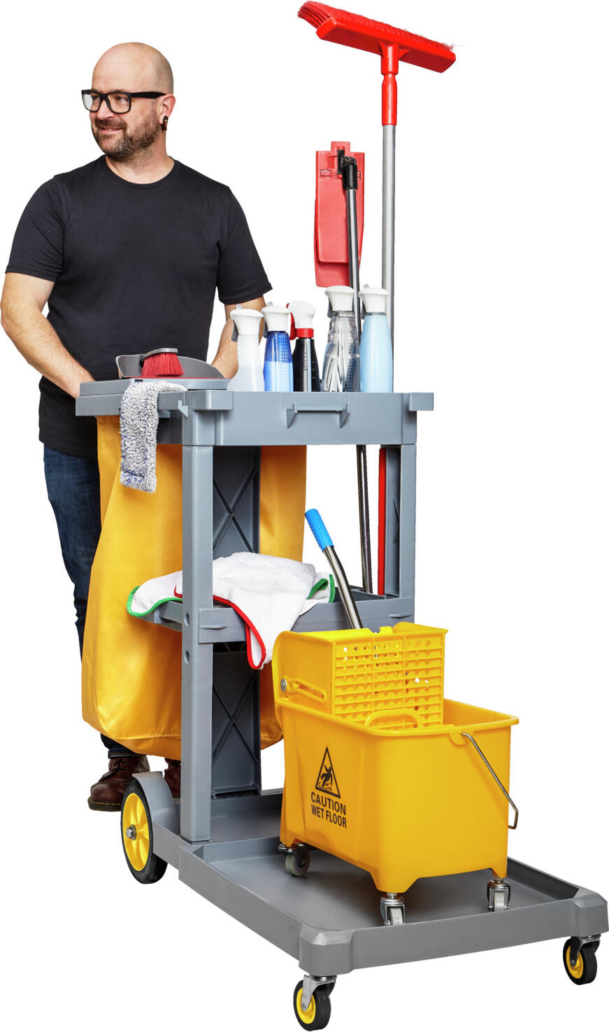 Pulsiva Clean Basic Cleaning Trolley Set, 20L Double Bucket with Vertical Press, Waste Bag and Accessories, 131x52x99 cm, Grey/Yellow