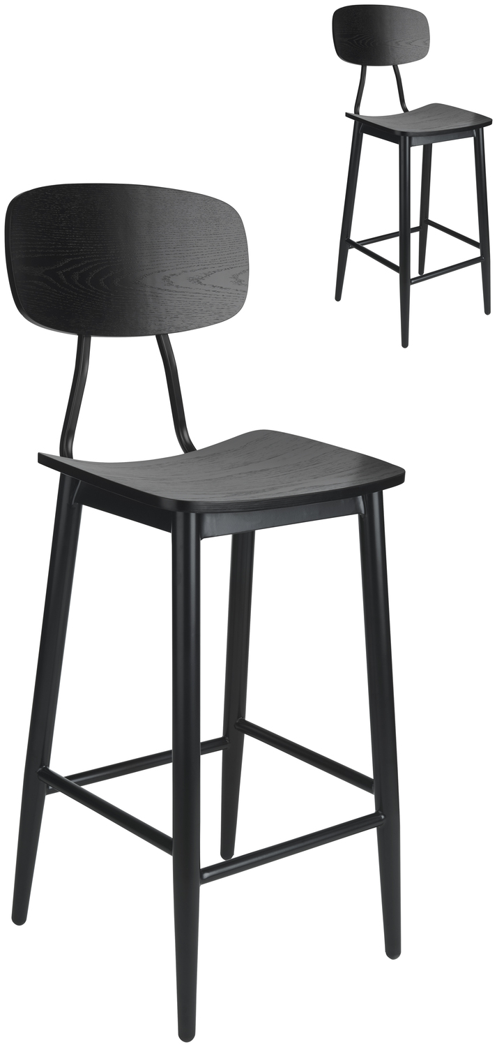 VEGA Scola Bar Stool Set of 2, Ash Plywood Seat and Black Frame, Industrial Vintage Design, 115 cm Height, Max Load 160 kg