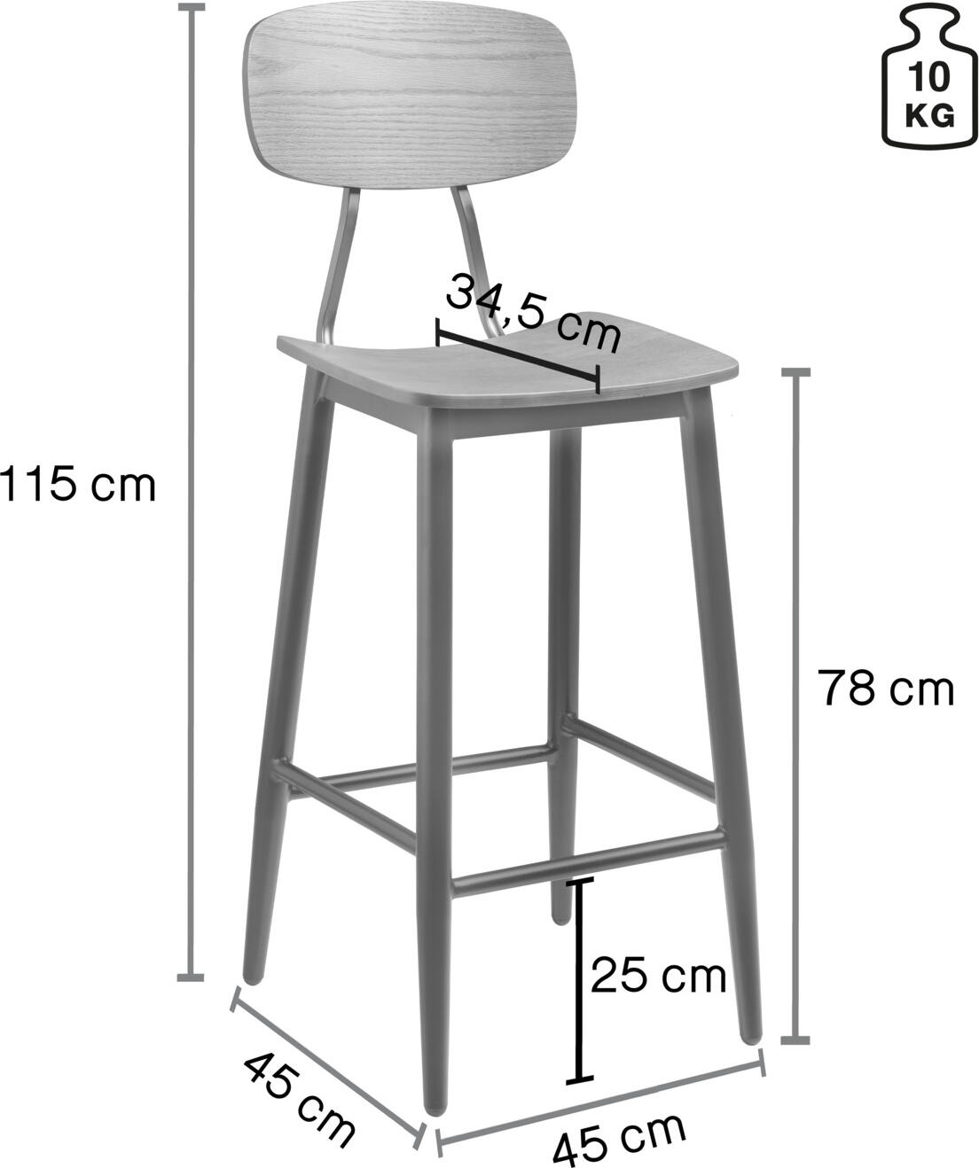 VEGA Scola Bar Stool Set of 2, Ash Plywood Seat and Black Frame, Industrial Vintage Design, 115 cm Height, Max Load 160 kg
