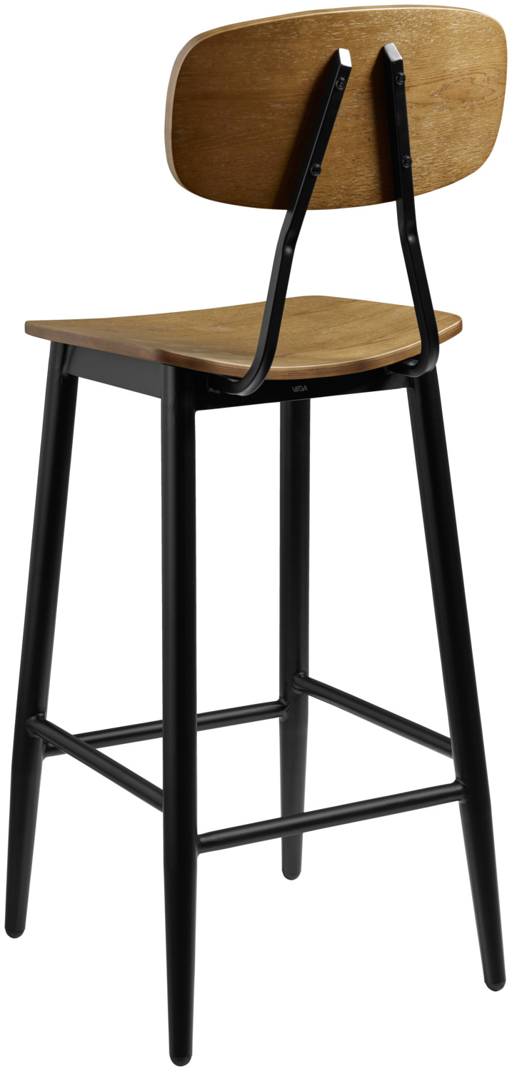 VEGA Scola Bar Stool Set of 2, Antique Oak Plywood Seat and Black Lacquered Steel Base, Industrial Vintage Design, 115 cm Height, Max Load 160 kg