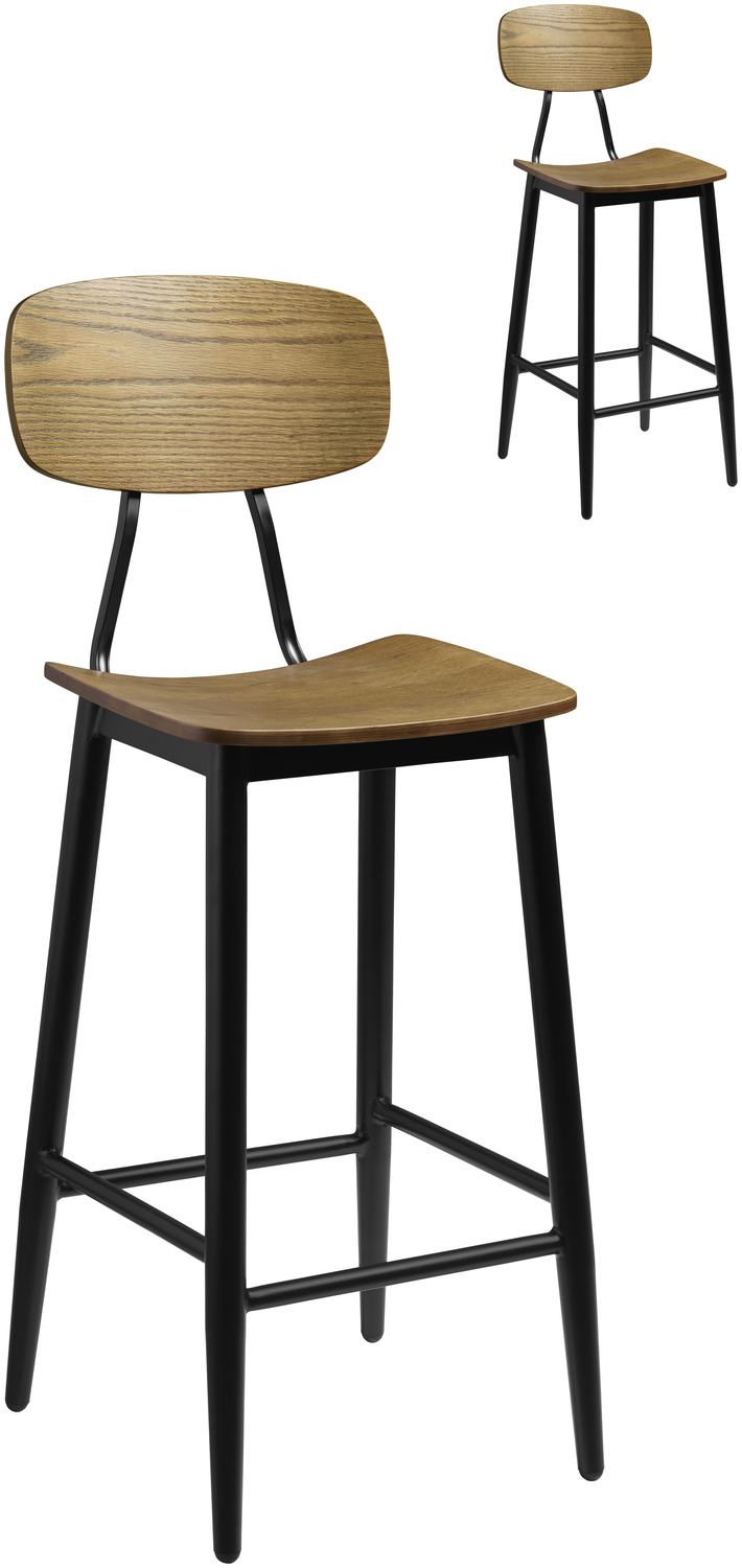 VEGA Scola Bar Stool Set of 2, Antique Oak Plywood Seat and Black Lacquered Steel Base, Industrial Vintage Design, 115 cm Height, Max Load 160 kg
