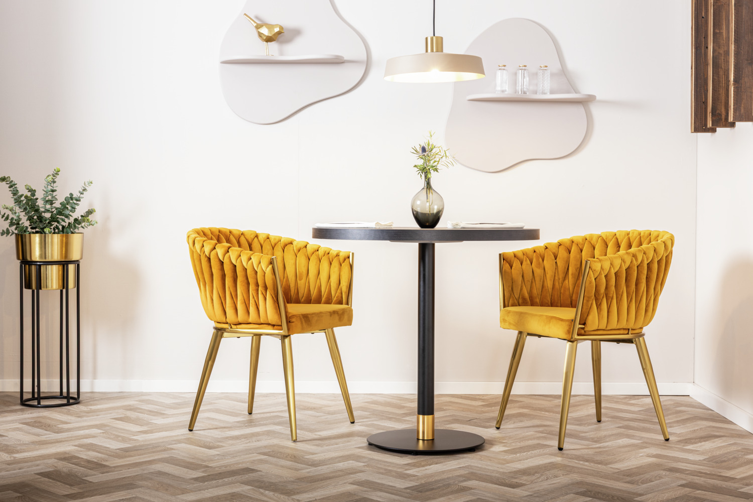 VEGA Wave Velvet Armchair, Golden Metal Frame with Woven Design Backrest, 47x48x77 cm, Fully Assembled