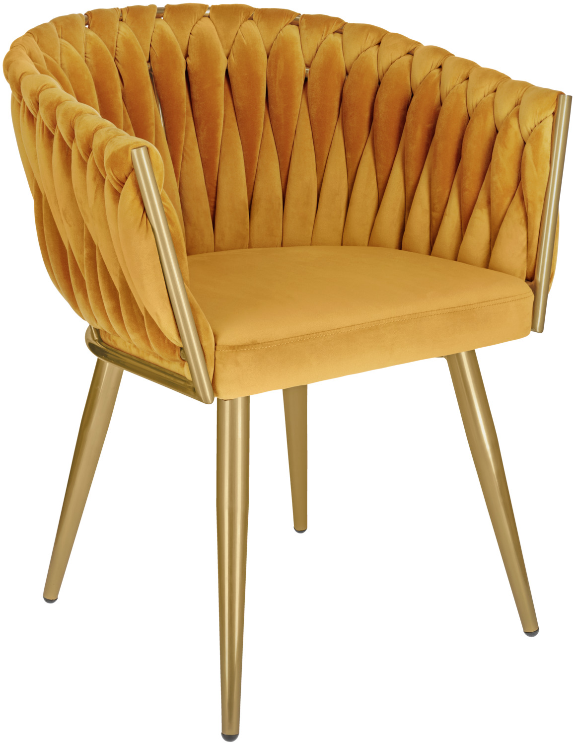 VEGA LUSINI Solutions GmbH Armchair Wave velvet Armlehnstuhl Wave Samt Armchair Wave velvet; 47x48x77 cm (WxDxH); seat golden, base golden Armlehnstuhl Wave Samt; 47x48x77 cm (BxTxH); Sitz gold, Gestell gold Luxuriously woven armrest chair with a velvet cover and a metal frame. The stylish knotted look in the armrest and backrest made of fine velvet is a real eye-catcher. The chair is fully assembled and comes with plastic glides. Luxuriös geflochtener Armlehnenstuhl aus einem Samtbezug und ein Gestell aus Metall. Ein echter Blickfang ist die stilvolle Knotenoptik in der Arm- und Rückenlehne aus feinem Samtbezug. Der Stuhl ist fertig montiert und wird inkl. Plastikgleitern geliefert.