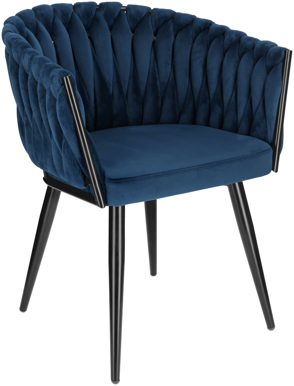 VEGA LUSINI Solutions GmbH Armchair Wave velvet Armlehnstuhl Wave Samt Armchair Wave velvet; 47x48x77 cm (WxDxH); seat dark-blue, base black Armlehnstuhl Wave Samt; 47x48x77 cm (BxTxH); Sitz dunkelblau, Gestell schwarz Luxuriously woven armrest chair with a velvet cover and a metal frame. The stylish knotted look in the armrest and backrest made of fine velvet is a real eye-catcher. The chair is fully assembled and comes with plastic glides. Luxuriös geflochtener Armlehnenstuhl aus einem Samtbezug und ein Gestell aus Metall. Ein echter Blickfang ist die stilvolle Knotenoptik in der Arm- und Rückenlehne aus feinem Samtbezug. Der Stuhl ist fertig montiert und wird inkl. Plastikgleitern geliefert.
