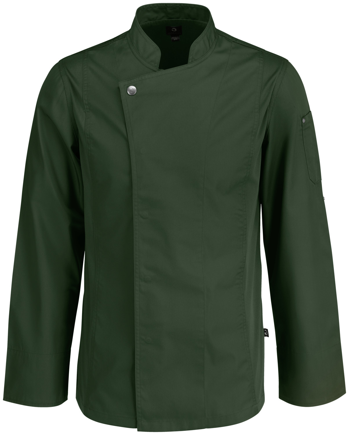 JOBELINE LUSINI Solutions GmbH Men's chef's jacket Carter long-sleeved Herren Kochjacke Carter Langarm Men's chef's jacket Carter long-sleeved; Size 50; dark olive Herren Kochjacke Carter Langarm; Kleidergröße 50; dunkeloliv 65 % polyester, 35 % cotton. 150 g/m². 60 °C wash. Men's long-sleeved chef jacket made of extra-lightweight but durable fabric. With stand-up collar, breathable mesh inserts on the side, two-section upper arm pocket and bib loop in the neck. Closes with snaps in a concealed snap placket. Long sleeves with practical roll-up function. Slightly waisted cut. Back length: 76 cm for size 50. 65 % Polyester, 35 % Baumwolle. 150 g/m². 60°-Wäsche Langärmlige Herrenkochjacke aus extra leichtem, aber robustem Gewebe. Mit Stehkragen, atmungsaktiven Mesh-Einsätzen an der Seite, zweigeteilter Oberarmtasche und Latzschürzenschlaufe im Nacken. Verschließbar mit Druckknöpfen in einer verdeckten Druckknopfleiste. Lange Ärmel mit praktischer Roll-Up-Funktion. Leicht tailliert geschnitten. Rückenlänge: 76 cm in Gr. 50