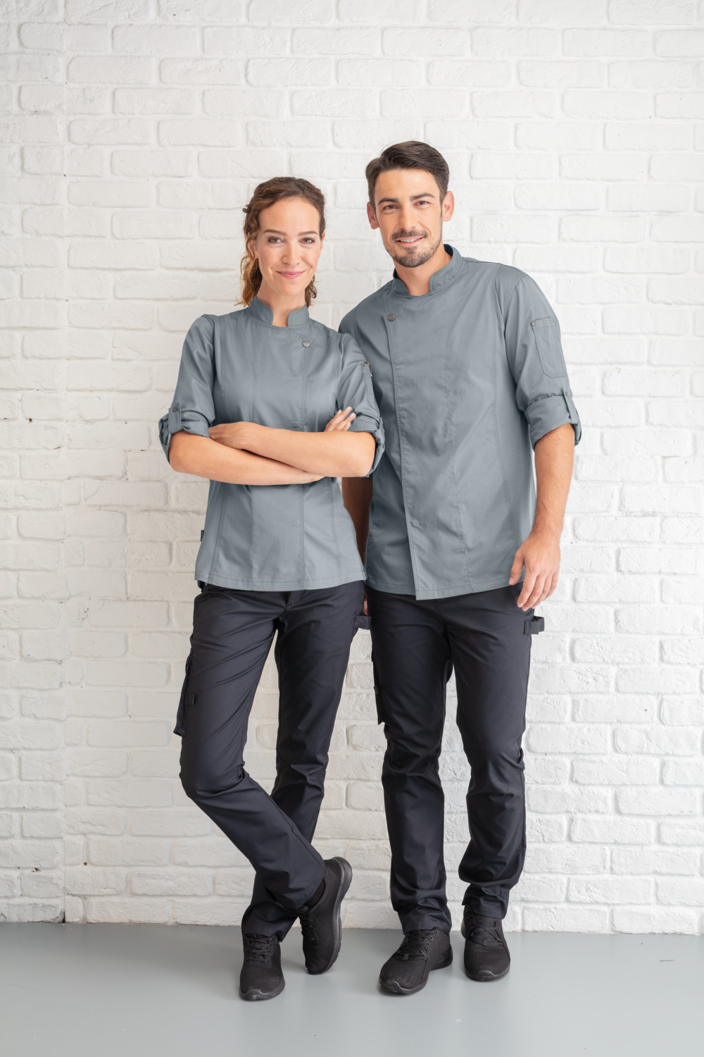Jobeline Carter Men's Long-Sleeved Chef Jacket, 65% Polyester 35% Cotton, Breathable Mesh Inserts, Roll-up Sleeves, Grey, Size 62