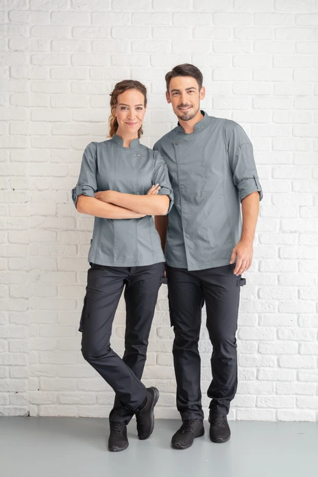 Jobeline Carter Men's Long-Sleeved Chef Jacket, 65% Polyester 35% Cotton, Breathable Mesh Inserts, Roll-up Sleeves, Grey, Size 62