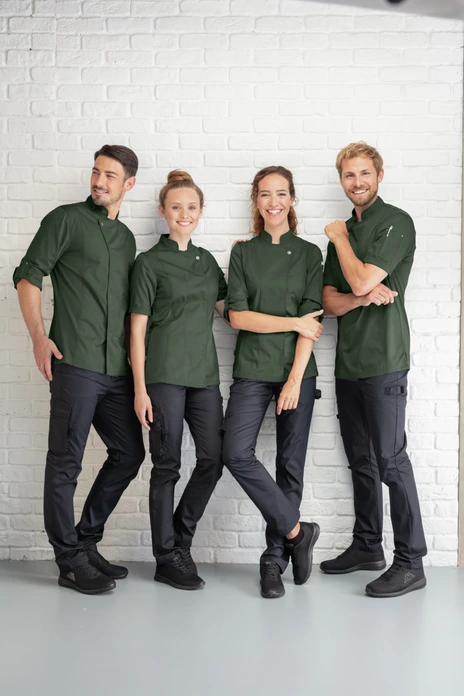 Jobeline Carter Men's Long-Sleeved Chef Jacket, 65% Polyester 35% Cotton, Breathable Mesh Inserts, Concealed Snap Placket, Dark Olive