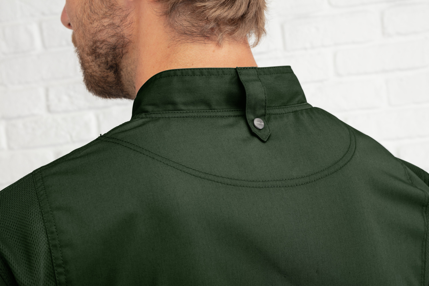 Jobeline Carter Men's Long-Sleeved Chef Jacket, 65% Polyester 35% Cotton, Breathable Mesh Inserts, Concealed Snap Placket, Dark Olive, Size 64