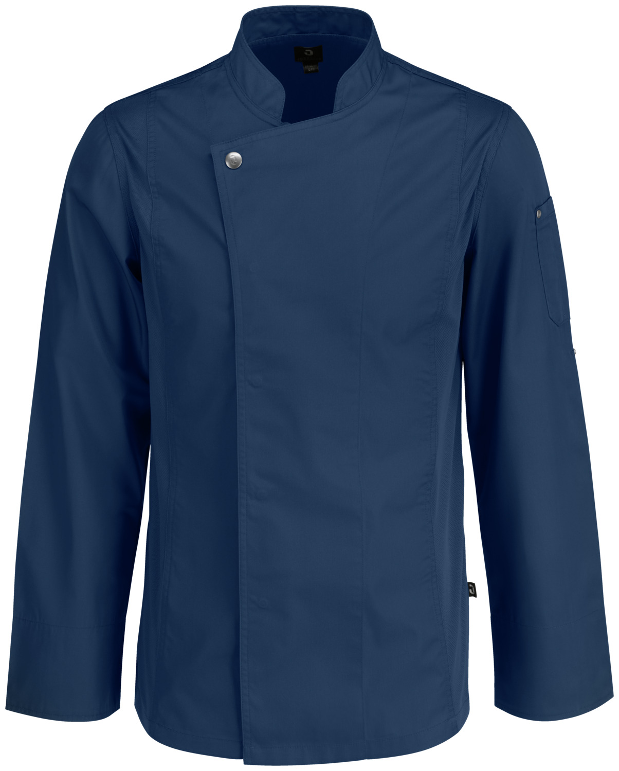 JOBELINE LUSINI Solutions GmbH Men's chef's jacket Carter long-sleeved Herren Kochjacke Carter Langarm Men's chef's jacket Carter long-sleeved; Size 44; navy Herren Kochjacke Carter Langarm; Kleidergröße 44; navy 65 % polyester, 35 % cotton. 150 g/m². 60 °C wash. Men's long-sleeved chef jacket made of extra-lightweight but durable fabric. With stand-up collar, breathable mesh inserts on the side, two-section upper arm pocket and bib loop in the neck. Closes with snaps in a concealed snap placket. Long sleeves with practical roll-up function. Slightly waisted cut. Back length: 76 cm for size 50. 65 % Polyester, 35 % Baumwolle. 150 g/m². 60°-Wäsche Langärmlige Herrenkochjacke aus extra leichtem, aber robustem Gewebe. Mit Stehkragen, atmungsaktiven Mesh-Einsätzen an der Seite, zweigeteilter Oberarmtasche und Latzschürzenschlaufe im Nacken. Verschließbar mit Druckknöpfen in einer verdeckten Druckknopfleiste. Lange Ärmel mit praktischer Roll-Up-Funktion. Leicht tailliert geschnitten. Rückenlänge: 76 cm in Gr. 50