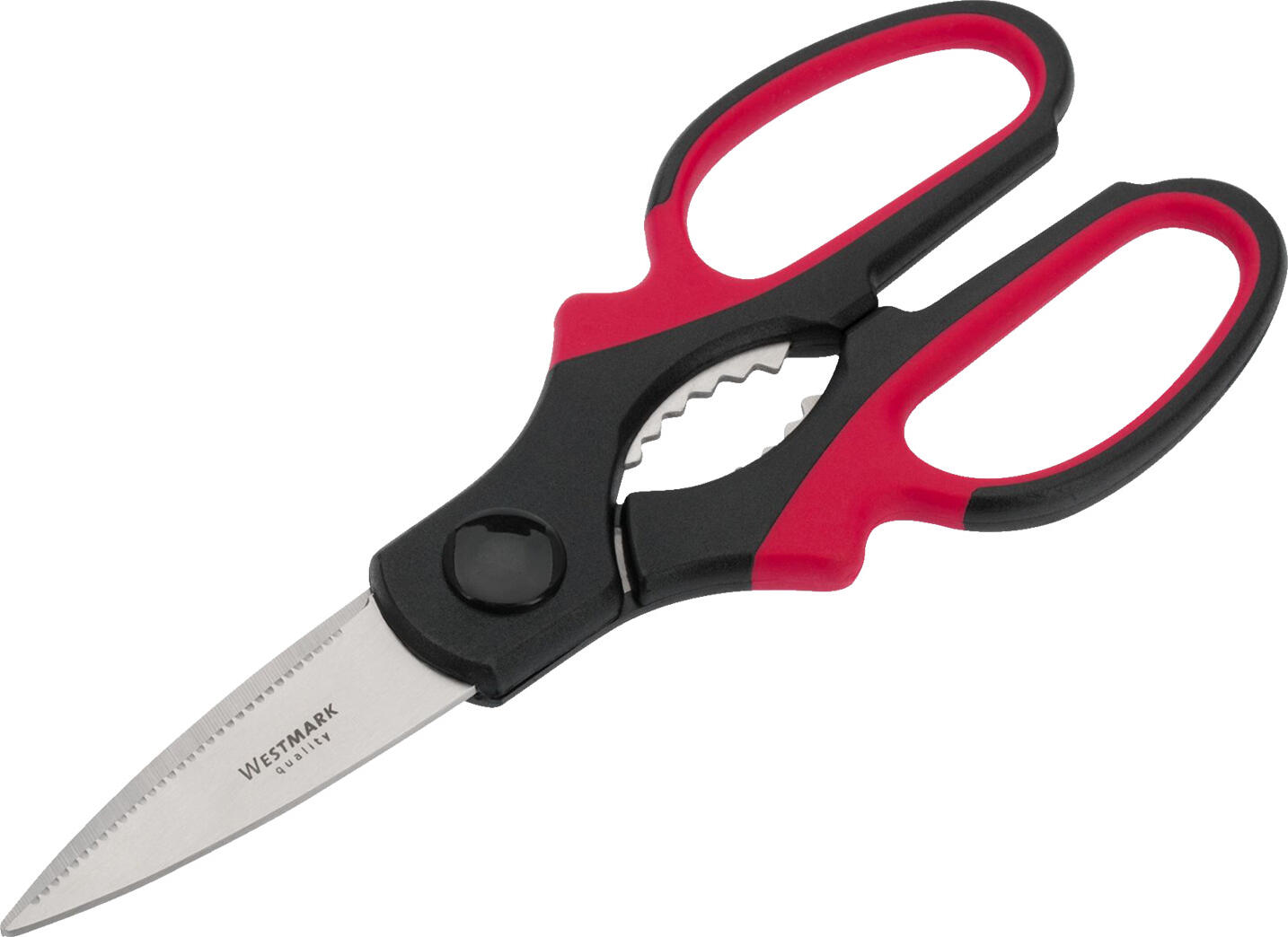 Westmark Westmark GmbH Scissors Universal Schere Universal Scissors Universal; 21x8.3x1.5 cm (LxWxH); stainless steel/black/red Schere Universal; 21x8.3x1.5 cm (LxBxH); edelstahl/schwarz/rot Universal scissors made of stainless steel, rustproof. Pleasantly large polypropylene handles allow safe cutting. With serrated opening element for tubes and screw caps. Suitable for dishwashers. Universelle Schere aus Edelstahl, rostfrei. Angenehm große Griffe aus Polypropylen ermöglichen sichere Schnittführung. Mit gezahntem Öffnungselement für Tuben und Drehverschlüsse. Spülmaschinengeeignet.