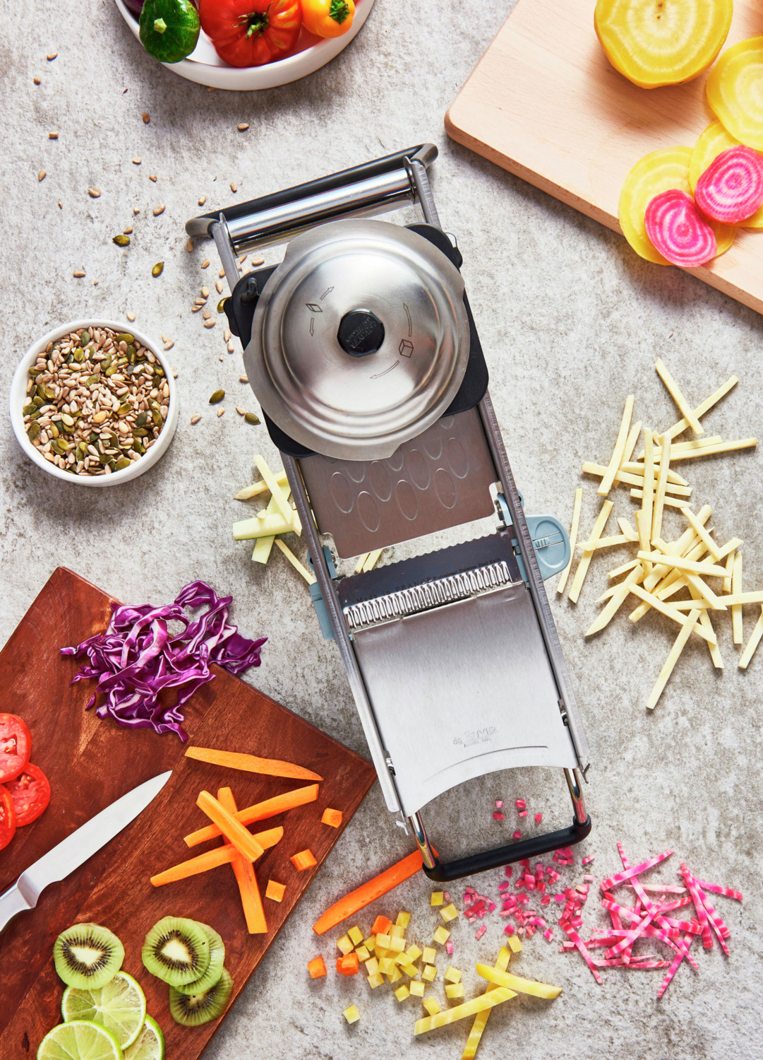 de Buyer Revolution Mandoline Slicer, Brushed Stainless Steel, Adjustable Thickness up to 10mm, with Food Pusher and Set of 3 Julienne Combs