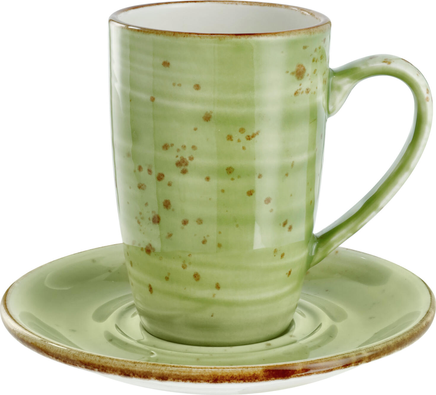 Set de 6 cești de cafea VEGA Nebro, 280 ml, Porțelan Premium, Design Rustic cu Pete, Verde Deschis, Sigure pentru Mașina de Spălat Vase și Cuptorul cu Microunde