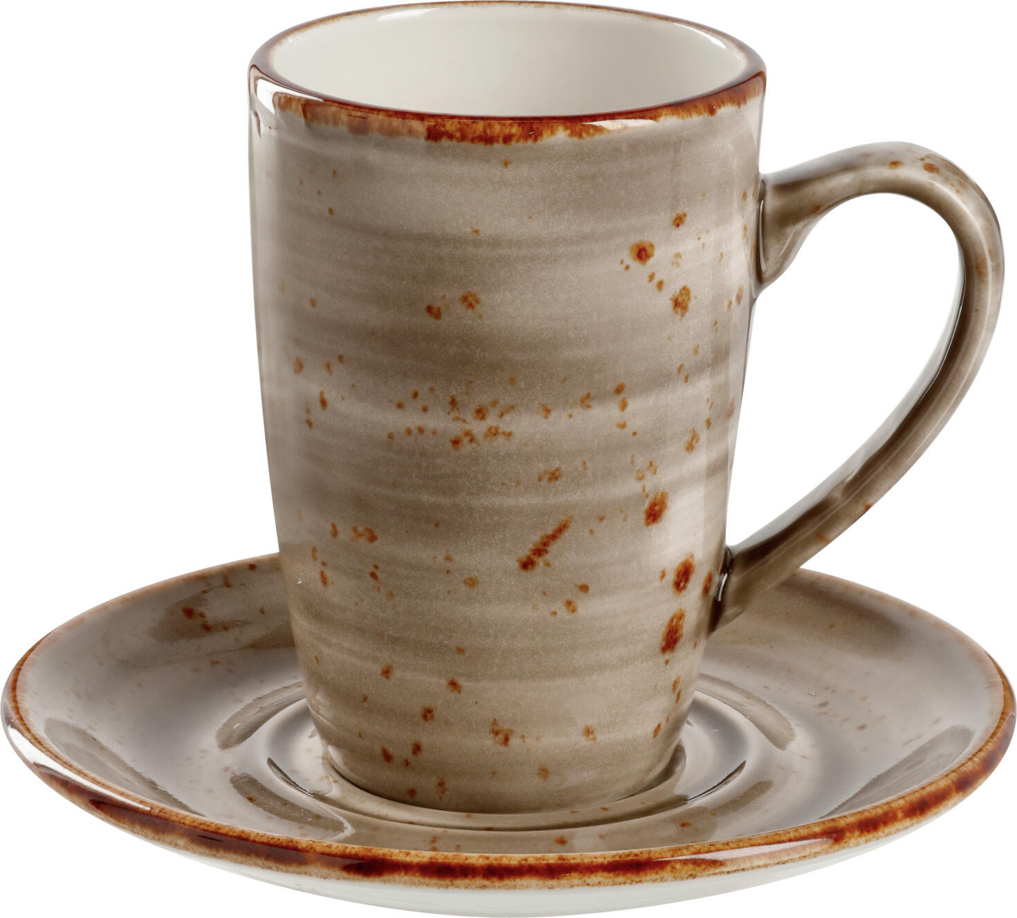 Set de 6 cani de cafea VEGA Nebro, 280ml din porțelan premium, design rustic cu pete gri, rezistente la mașina de spălat vase și cuptor cu microunde