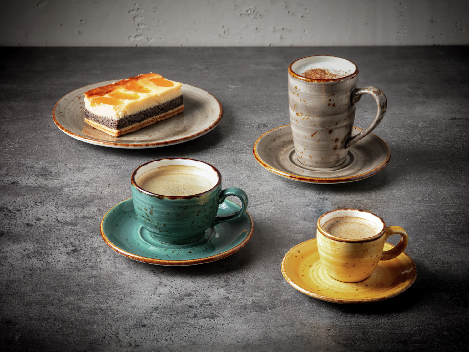 Set de 6 cani de cafea VEGA Nebro, 280ml din porțelan premium, design rustic cu pete gri, rezistente la mașina de spălat vase și cuptor cu microunde