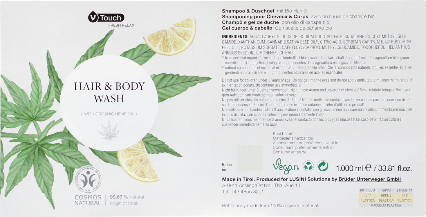 V-Touch Fresh Relax Gel de Dus si Sampon 2-in-1 pentru Corp si Păr cu Ulei de Canaba Organic si Lamaie, 1000 ml Refill, Set de 6 Piese, Vegan