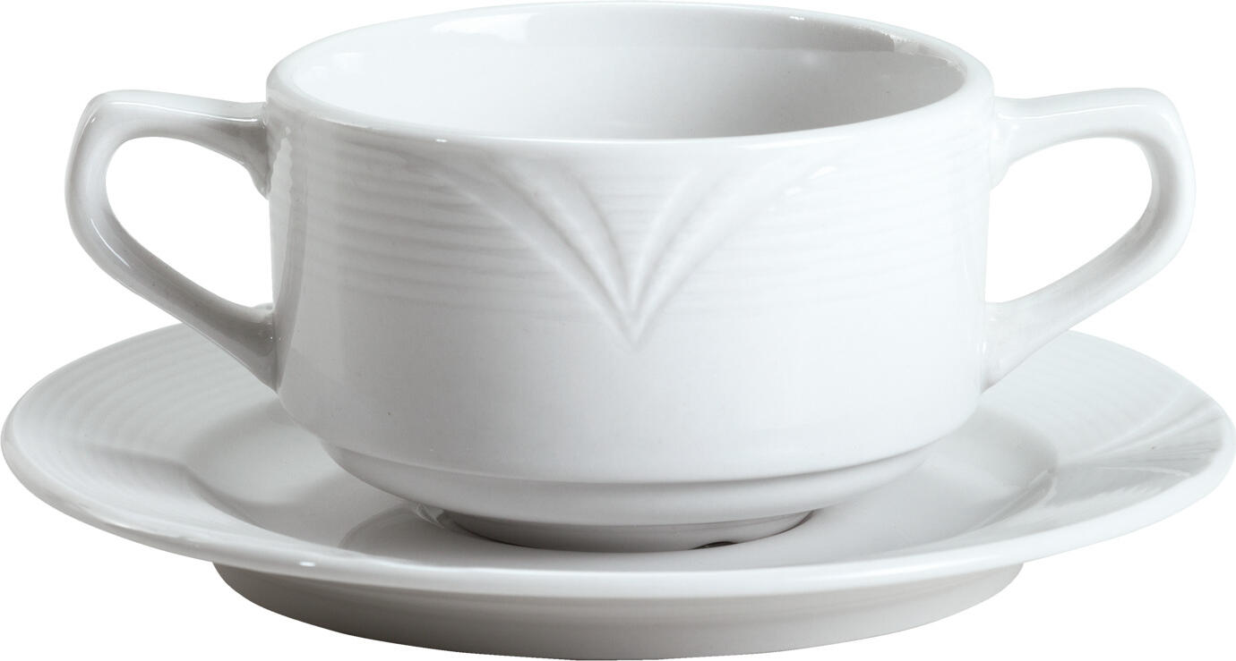 Pulsiva Rena Soup Cup Set of 6, White Porcelain, 270ml, 9.5cm Diameter, Relief Pattern, Two Handles, Stackable, Dishwasher and Microwave Safe
