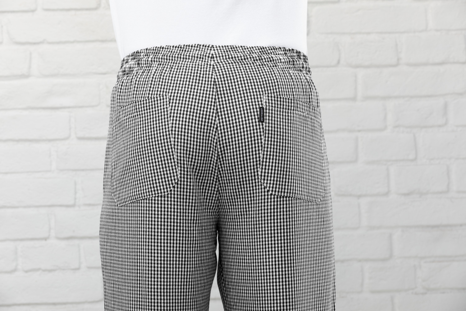 Trousere pentru bucatari femei Pulsiva Nathan, 100% bumbac, 220 g/m², carouri Pepita, croială dreaptă, talie elastică cu șnur, 4 buzunare