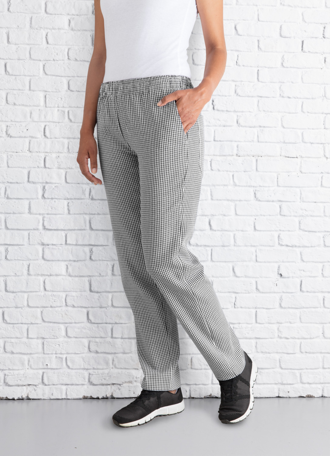 Pulsiva Nathan Women's Chef Trousers, 100% Cotton, 220 g/m², Pepita Shepherd's Plaid, Straight Cut, Elastic Waistband with Cord, 4 Pockets