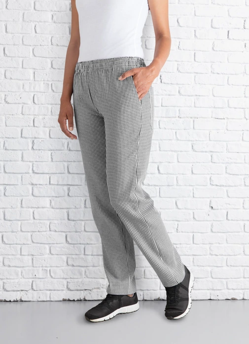 Pantaloni Bucatar Dame Pulsiva Nathan, 100% Bumbac 220 g/m², Carou Pepita Gri, Croială Dreaptă, Talie Elastică cu Șnur, 4 Buzunare