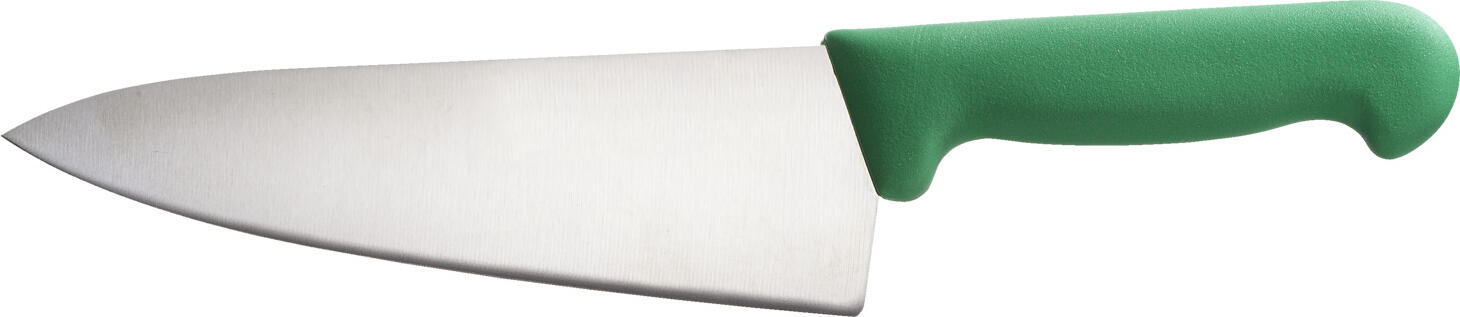 PULSIVA LUSINI Solutions GmbH Chef's knife Marcata M Kochmesser Marcata M Chef's knife Marcata M; Blade length 20 cm, 33 cm (L); green Kochmesser Marcata M; Klingenlänge 20 cm, 33 cm (L); grün Extremely sharp professional kitchen knife with punched blades made of corrosion-resistant chrome-molybdenum-vanadium steel in the alloy X50CrMoV15. Long-lasting sharpness guaranteed. Ergonomically shaped handles with a good weight balance between the handle and blade for comfortable handling. Blade length 20cm. Color selection for application according to HACCP concept. Extrem scharfes Profi-Küchenmesser mit gestanzten Klingen aus korrosionsbeständigem Chrom-Molybdän-Vanadium Stahl in der Legierung X50CrMoV15. Langanhaltende Schärfe garantiert. Ergonomisch geformte Griffe mit einer guten Gewichts-Balance zwischen Griff und Klinge für eine komfortable Handhabung. Klingenlänge 20 cm. Farbauswahl für Anwendung nach HACCP - Konzept.