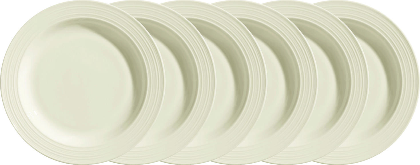VEGA LUSINI Solutions GmbH Plate Skyline flat, with rim Teller Skyline flach, mit Fahne Plate Skyline flat, with rim; 31 cm (Ø); cream white; round; 4 piece / pack Teller Skyline flach, mit Fahne; 31 cm (Ø); cremeweiß; rund; 4 Stück / Pack Cream colored bone china plate with relief. Modern design. High resistance. Brilliant glaze. Dishwasher safe and microwaveable. Cremefarbener Teller aus Bone-China mit Relief. Modernes Design. Hohe Widerstandsfähigkeit. Brillante Glasur. Spülmaschinenfest und mikrowellengeeignet.
