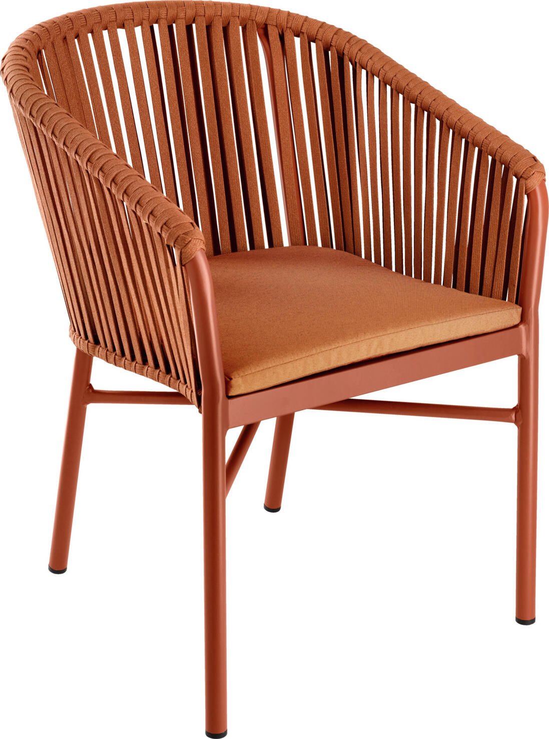 VEGA LUSINI Solutions GmbH Outdoor chair Esperia Terrassenstuhl Esperia Outdoor chair Esperia; 58x60x82 cm (WxDxH); russet; 2 piece / pack Terrassenstuhl Esperia; 58x60x82 cm (BxTxH); rostbraun; 2 Stück / Pack Modern outdoor chair made of powder-coated aluminum frame and Rope wicker (15 mm wide). Includes seat cushion made of Olefin fabric (100 % polypropylene), removable and washable at 30 °C. Height of the seat cushion 3 cm. Stackable and weatherproof. Suitable for outdoor use. Supplied assembled. Please order matching back cushion or lounge furniture at the same time. Moderner Outdoorstuhl aus pulverbeschichtetem Aluminiumgestell und Ropegeflecht (15 mm breit). Inklusive Sitzkissen aus Olefinstoff (100 % Polypropylen), abziehbar und bei 30 °C waschbar. Höhe des Sitzkissens 3 cm. Stapelbar und wetterfest. Für den Außenbereich geeignet. Montiert geliefert. Passendes Rückenkissen oder Loungemöbel gleich mitbestellen.