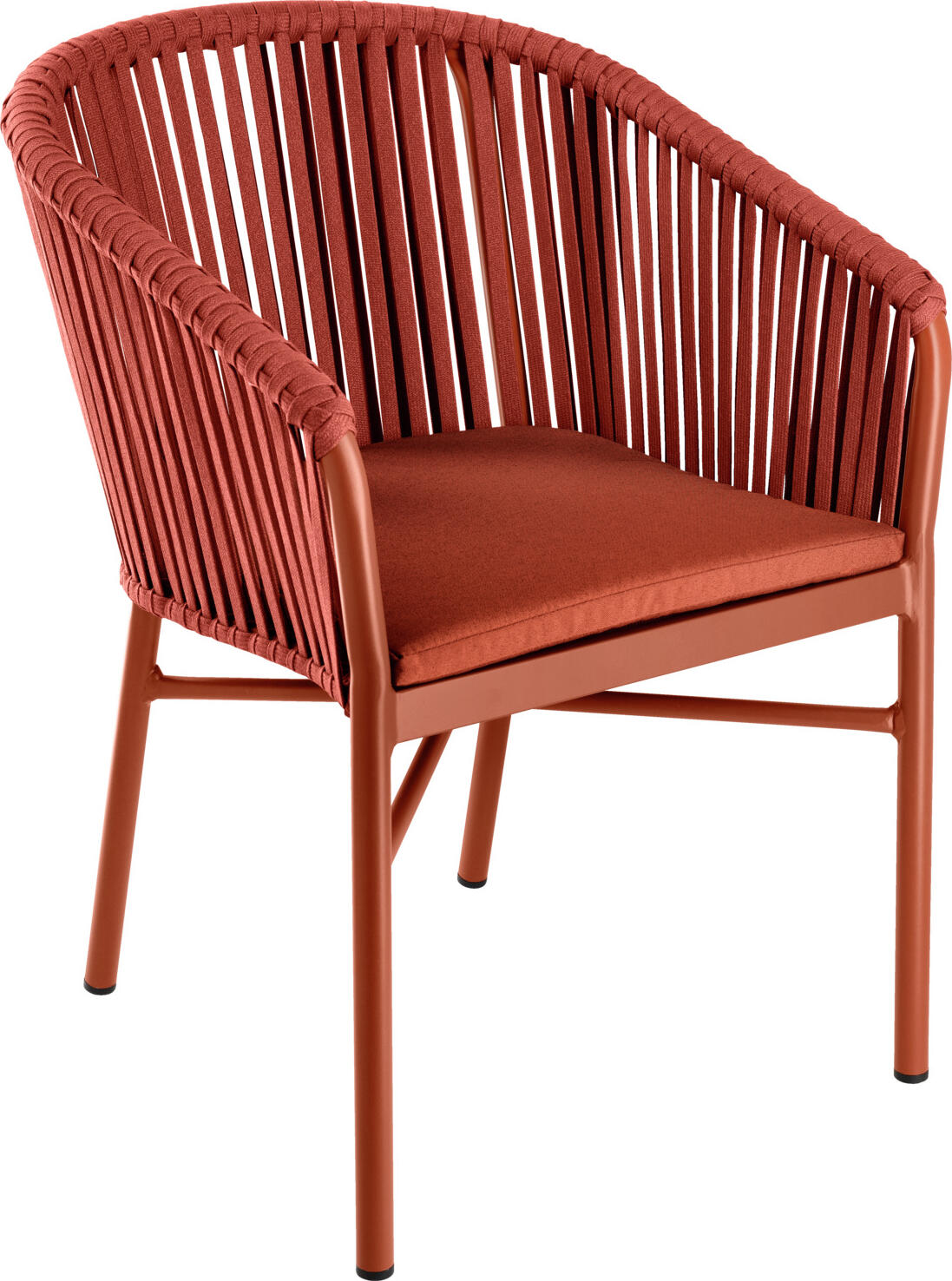 VEGA LUSINI Solutions GmbH Outdoor chair Esperia Terrassenstuhl Esperia Outdoor chair Esperia; 58x60x82 cm (WxDxH); carmine red; 2 piece / pack Terrassenstuhl Esperia; 58x60x82 cm (BxTxH); karminrot; 2 Stück / Pack Modern outdoor chair made of powder-coated aluminum frame and Rope wicker (15 mm wide). Includes seat cushion made of Olefin fabric (100 % polypropylene), removable and washable at 30 °C. Height of the seat cushion 3 cm. Stackable and weatherproof. Suitable for outdoor use. Supplied assembled. Please order matching back cushion or lounge furniture at the same time. Moderner Outdoorstuhl aus pulverbeschichtetem Aluminiumgestell und Ropegeflecht (15 mm breit). Inklusive Sitzkissen aus Olefinstoff (100 % Polypropylen), abziehbar und bei 30 °C waschbar. Höhe des Sitzkissens 3 cm. Stapelbar und wetterfest. Für den Außenbereich geeignet. Montiert geliefert. Passendes Rückenkissen oder Loungemöbel gleich mitbestellen.