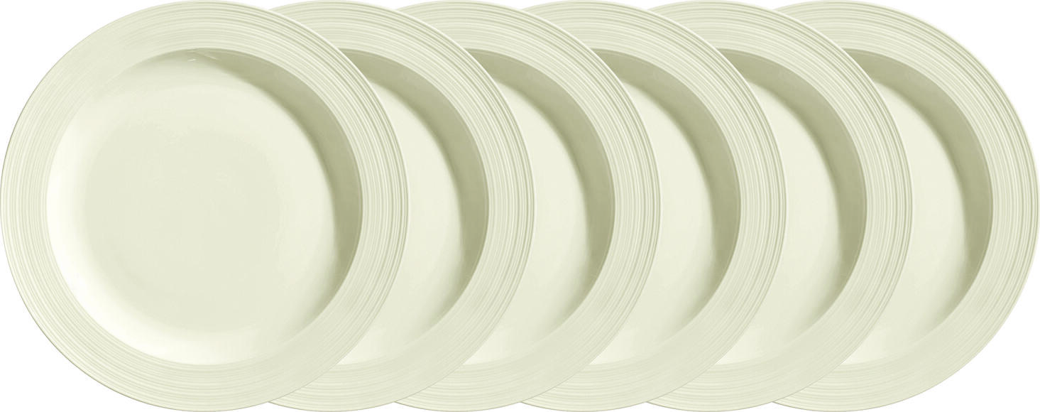 VEGA LUSINI Solutions GmbH Plate Skyline flat, with rim Teller Skyline flach, mit Fahne Plate Skyline flat, with rim; 25.5 cm (Ø); cream white; round; 6 piece / pack Teller Skyline flach, mit Fahne; 25.5 cm (Ø); cremeweiß; rund; 6 Stück / Pack Cream colored bone china plate with relief. Modern design. High resistance. Brilliant glaze. Dishwasher safe and microwaveable. Cremefarbener Teller aus Bone-China mit Relief. Modernes Design. Hohe Widerstandsfähigkeit. Brillante Glasur. Spülmaschinenfest und mikrowellengeeignet.