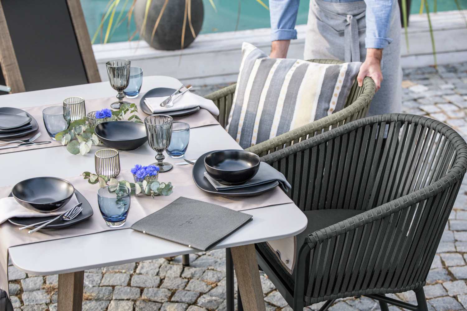 VEGA Esperia Outdoor Chair Set of 2, Powder-coated Aluminum Frame, Rope Wicker, Olefin Fabric Cushion, Stackable, Anthracite