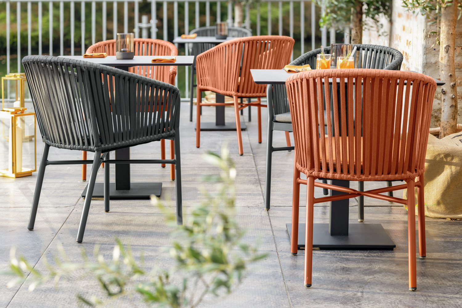 VEGA Esperia Outdoor Chair Set of 2, Powder-coated Aluminum Frame, Rope Wicker, Olefin Fabric Cushion, Stackable, Anthracite