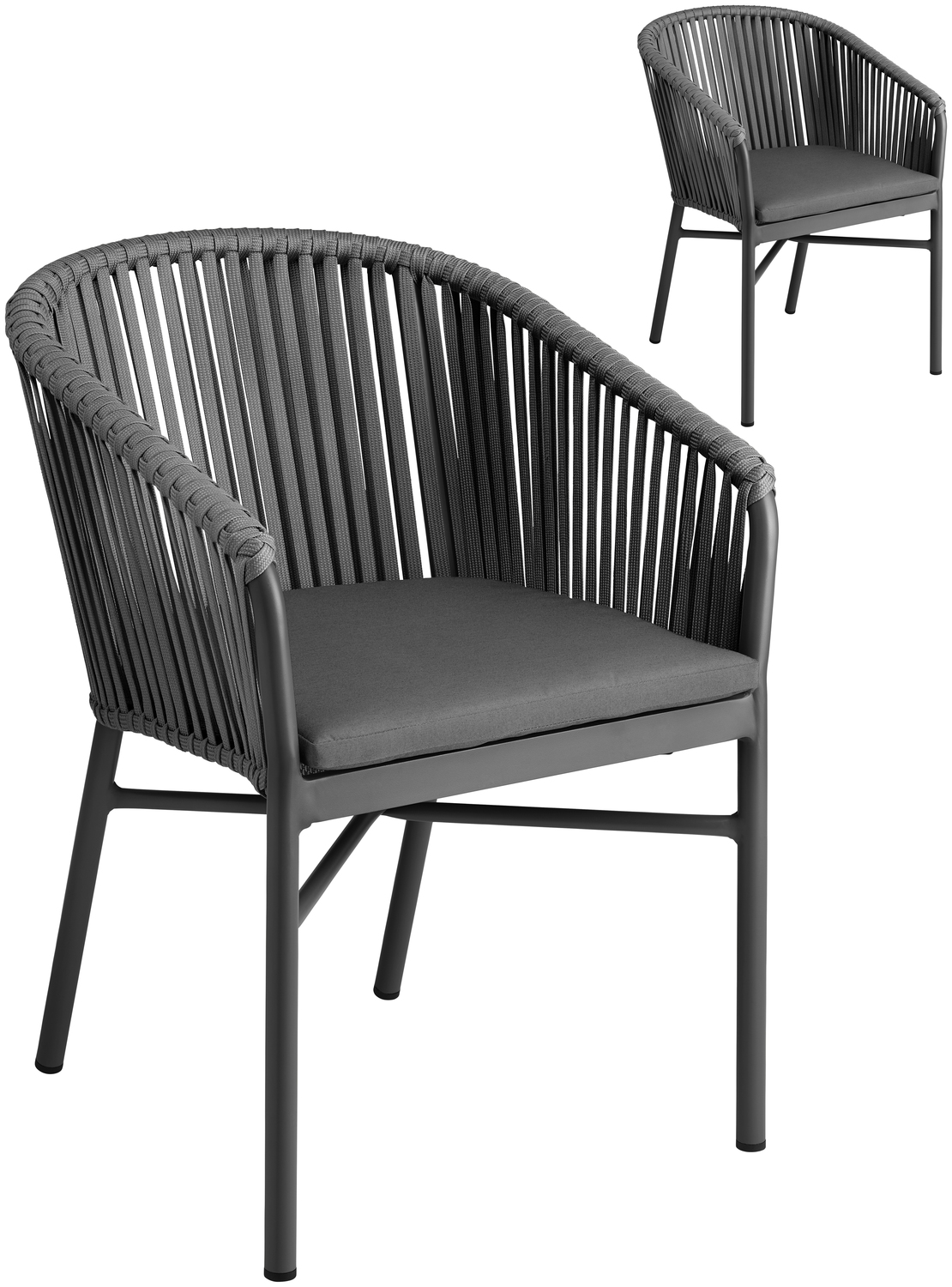 VEGA Esperia Outdoor Chair Set of 2, Powder-coated Aluminum Frame, Rope Wicker, Olefin Fabric Cushion, Stackable, Anthracite