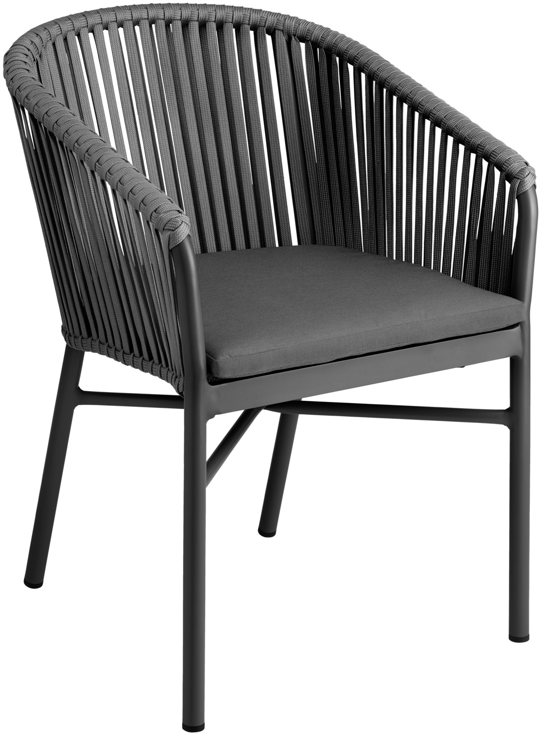 VEGA LUSINI Solutions GmbH Outdoor chair Esperia Terrassenstuhl Esperia Outdoor chair Esperia; 58x60x82 cm (WxDxH); anthracite; 2 piece / pack Terrassenstuhl Esperia; 58x60x82 cm (BxTxH); anthrazit; 2 Stück / Pack Modern outdoor chair made of powder-coated aluminum frame and Rope wicker (15 mm wide). Includes seat cushion made of Olefin fabric (100 % polypropylene), removable and washable at 30 °C. Height of the seat cushion 3 cm. Stackable and weatherproof. Suitable for outdoor use. Supplied assembled. Please order matching back cushion or lounge furniture at the same time. Moderner Outdoorstuhl aus pulverbeschichtetem Aluminiumgestell und Ropegeflecht (15 mm breit). Inklusive Sitzkissen aus Olefinstoff (100 % Polypropylen), abziehbar und bei 30 °C waschbar. Höhe des Sitzkissens 3 cm. Stapelbar und wetterfest. Für den Außenbereich geeignet. Montiert geliefert. Passendes Rückenkissen oder Loungemöbel gleich mitbestellen.