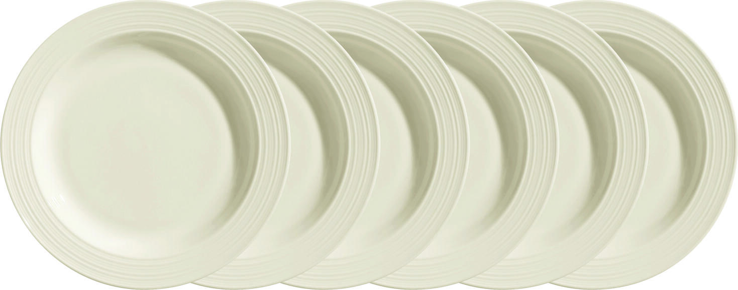 VEGA LUSINI Solutions GmbH Plate Skyline flat, with rim Teller Skyline flach, mit Fahne Plate Skyline flat, with rim; 17 cm (Ø); cream white; round; 6 piece / pack Teller Skyline flach, mit Fahne; 17 cm (Ø); cremeweiß; rund; 6 Stück / Pack Cream colored bone china plate with relief. Modern design. High resistance. Brilliant glaze. Dishwasher safe and microwaveable. Cremefarbener Teller aus Bone-China mit Relief. Modernes Design. Hohe Widerstandsfähigkeit. Brillante Glasur. Spülmaschinenfest und mikrowellengeeignet.