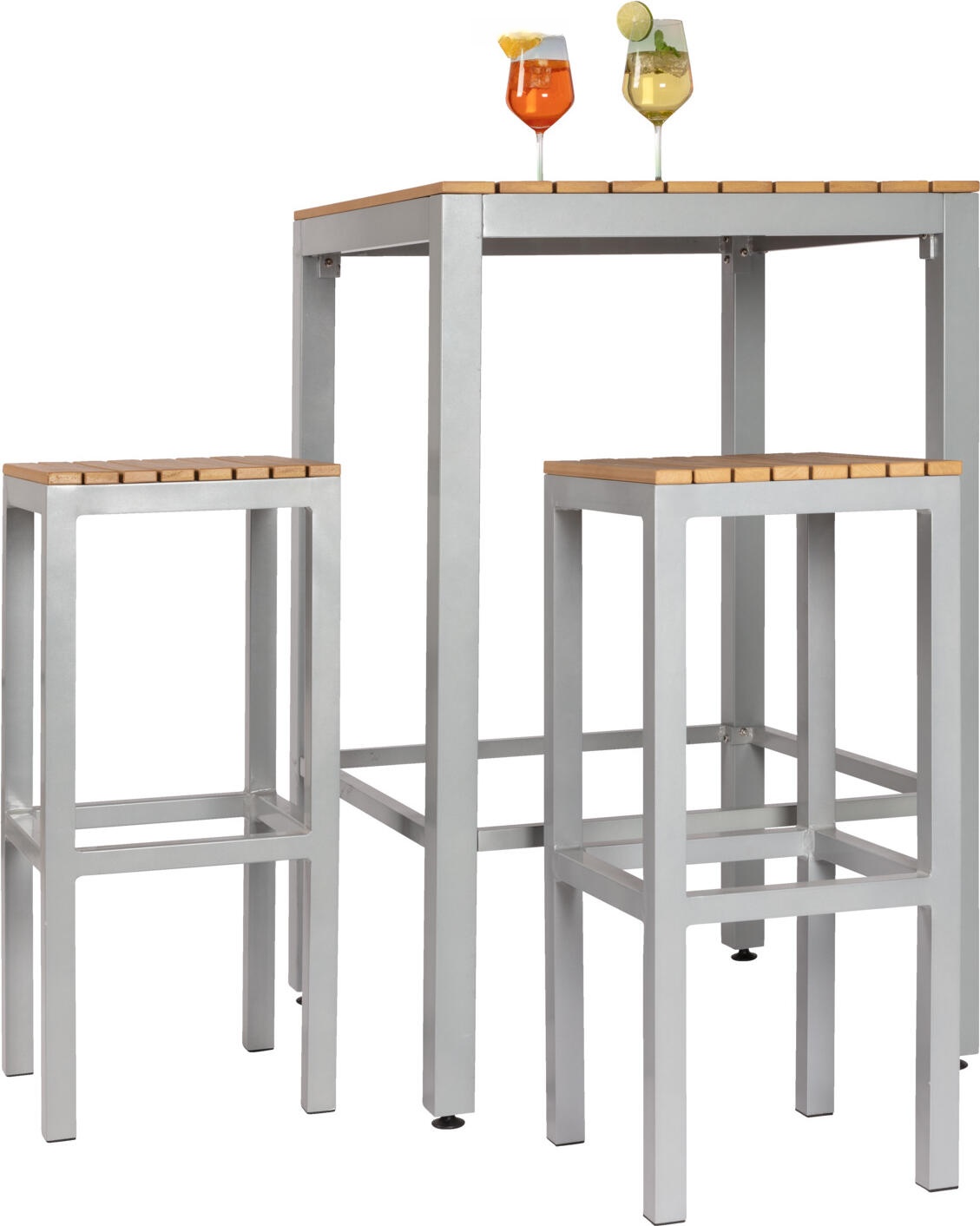 Set de 2 scaune bar exterioare PULSIVA Resistance, cadru din aluminiu vopsit electrostatic, lamele plastic efect teak, maro si gri, 35x35x75 cm