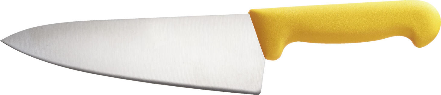 PULSIVA LUSINI Solutions GmbH Chef's knife Marcata M Kochmesser Marcata M Chef's knife Marcata M; Blade length 20 cm, 33 cm (L); yellow Kochmesser Marcata M; Klingenlänge 20 cm, 33 cm (L); gelb Extremely sharp professional kitchen knife with punched blades made of corrosion-resistant chrome-molybdenum-vanadium steel in the alloy X50CrMoV15. Long-lasting sharpness guaranteed. Ergonomically shaped handles with a good weight balance between the handle and blade for comfortable handling. Blade length 20cm. Color selection for application according to HACCP concept. Extrem scharfes Profi-Küchenmesser mit gestanzten Klingen aus korrosionsbeständigem Chrom-Molybdän-Vanadium Stahl in der Legierung X50CrMoV15. Langanhaltende Schärfe garantiert. Ergonomisch geformte Griffe mit einer guten Gewichts-Balance zwischen Griff und Klinge für eine komfortable Handhabung. Klingenlänge 20 cm. Farbauswahl für Anwendung nach HACCP - Konzept.