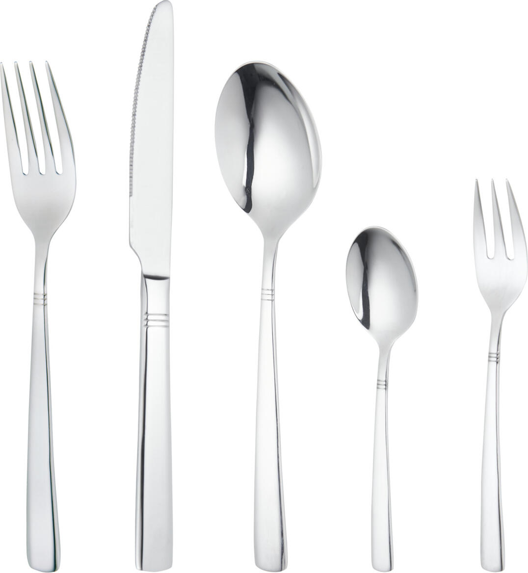 PULSIVA LUSINI Solutions GmbH Sample set cutlery Berlin 5-piece Mustergarnitur Besteck Berlin 5-teilig Sample set cutlery Berlin 5-piece; silver, handle silver Mustergarnitur Besteck Berlin 5-teilig; silber, Griff silber Chrome-nickel stainless steel 18/10, rustproof - 13/0 table knife. Our five-piece sample set for the Berlin cutlery range provides you with a practical decision-making aid for your everyday catering business. The sample service allows you to check the shape, feel and finish of the range directly in your own establishment. This allows you to ensure that the cutlery meets your requirements before you place a large order. The sample set includes the five cutlery items from the Berlin range: table spoon, table fork, table knife in 13/0 steel, coffee spoon and cake fork, giving you a complete overview. Sample items are priced with a nominal charge, if you are not satisfied we will refund the nominal charge. Please contact our customer service. Chrom-Nickel-Edelstahl 18/10, rostfrei – Menümesser aus 13/0. Mit unserer fünfteiligen Mustergarnitur zur Besteckserie Berlin erhalten Sie eine praktische Entscheidungshilfe für Ihren Gastro-Alltag. Der Musterservice ermöglicht es Ihnen, Form, Haptik und Verarbeitung der Serie direkt im eigenen Betrieb zu prüfen. So können Sie sicherstellen, dass das Besteck Ihren Anforderungen entspricht, bevor Sie eine größere Bestellung tätigen. Die Mustergarnitur umfasst die fünf Besteckteile Serie Berlin: Menülöffel, Menügabel, Menümesser aus 13/0 Stahl, Kaffeelöffel und Kuchengabel, damit erhalten Sie einen vollständigen Überblick. Musterartikel sind mit einer Schutzgebühr bepreist, bei Nichtgefallen erstatten wir Ihnen die Schutzgebühr zurück. Bitte nehmen Sie hierzu Kontakt zu unserem Kundenservice auf.