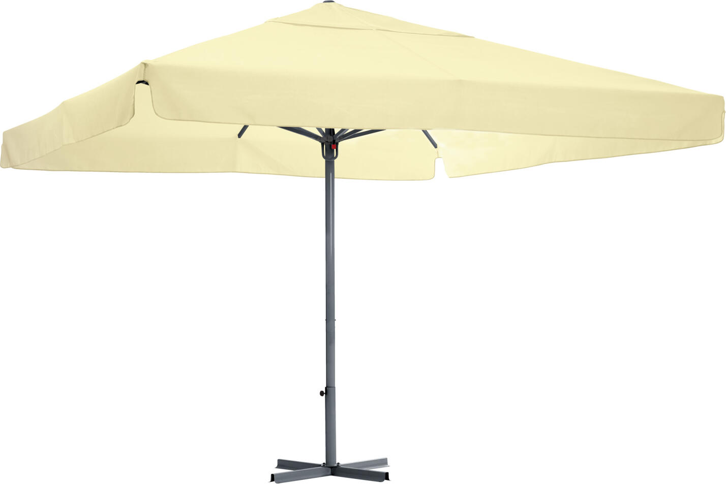 VEGA LUSINI Solutions GmbH Catering parasol Esparto anthracite frame Gastro Sonnenschirm Esparto Gestell anthrazit Catering parasol Esparto anthracite frame; 350x350x370 cm (LxWxH); ecru; square Gastro Sonnenschirm Esparto Gestell anthrazit; 350x350x370 cm (LxBxH); ecru; quadratisch Square sunshade made of sturdy, powder-coated aluminum frame and 100% polyester cover. * Cover made of 230 g/m² with valance * Ø 60 mm parasol pole and eight reinforced struts (18x28 mm) * Weatherproof, lightfast, UV protection (UV radiation 50+), water-repellent * Replacement cover available on request * Matching plate sunshade stand can be ordered separately Please keep the parasol closed in strong winds. Quadratischer Sonnenschirm aus stabilem, pulverbeschichtetem Aluminiumgestell und Bespannung aus 100 % Polyester. * Bespannung aus 230 g/m² mit Volant * Schirmstamm Ø 60 mm und acht verstärkten Streben (18x28 mm) * wetterfest, lichtecht, UV- Schutz (UV-Strahlung 50+), wasserabweisend * Ersatzbespannung auf Anfrage erhältlich * passenden Schirmständer oder Bodenhülse separat bestellbar Bei starkem Wind den Sonnenschirm bitte geschlossen halten.