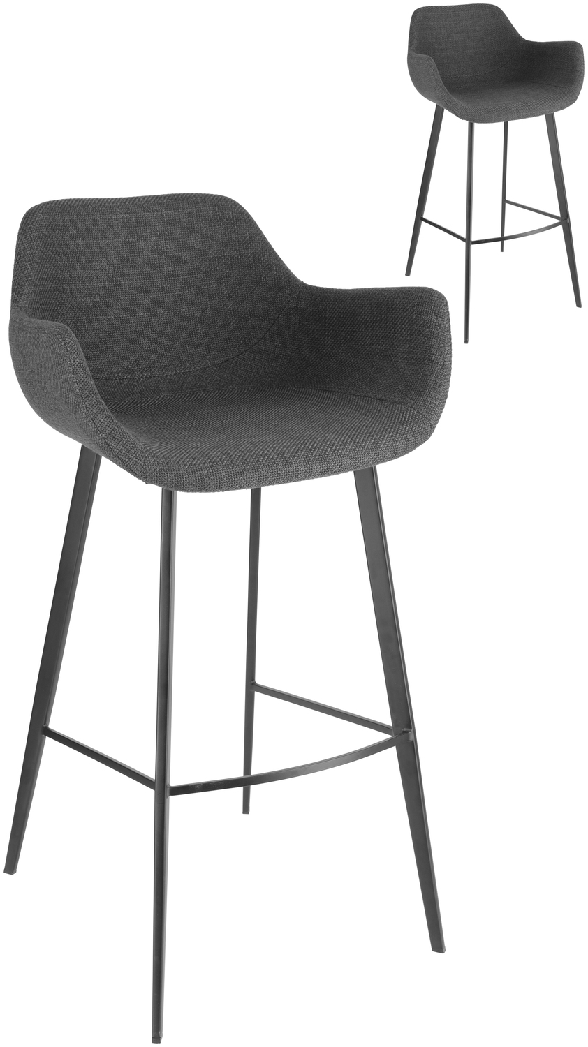 VEGA LUSINI Solutions GmbH Bar stool Limea Barstuhl Limea Bar stool Limea; 57x54x102 cm (WxDxH); seat anthracite, base black; 2 piece / pack Barstuhl Limea; 57x54x102 cm (BxTxH); Sitz anthrazit, Gestell schwarz; 2 Stück / Pack This elegant bar chair combines modern design with high functionality and is tailor-made for daily use in the catering trade. The ergonomically shaped seat shell made of high-quality fabric offers outstanding seating comfort and ensures that guests remain seated comfortably even for long periods of time. The powder-coated metal legs not only give the bar stool a clear, contemporary look, but also excellent stability - ideal for high-traffic areas such as bars, bistro counters, hotel lounges or café counters. The integrated footrest further increases comfort and makes the bar stool a favourite seat. The hard-wearing fabric cover is easy to clean and ideally suited for long-term use in a professional environment. Thanks to its harmonious design, the bar chair can be perfectly combined with lounge furniture from the same series. * Ergonomic seat shell made of robust fabric * Powder-coated metal legs for high stability * Integrated footrest for added comfort * Easy to clean, durable and ideal for intensive catering use * Perfect for bars, hotel lobbies, bistro areas and counters A stylish bar stool that perfectly combines comfort, function and design and adds a high-quality touch to any catering ambience. Dieser elegante Barstuhl verbindet modernes Design mit hoher Funktionalität und ist maßgeschneidert für den täglichen Einsatz in der Gastronomie. Die ergonomisch geformte Sitzschale aus hochwertigem Stoff bietet hervorragenden Sitzkomfort und sorgt dafür, dass Gäste auch bei längeren Aufenthalten bequem sitzen. Die pulverbeschichteten Metallbeine verleihen dem Barstuhl nicht nur eine klare, zeitgemäße Optik, sondern auch eine ausgezeichnete Stabilität – ideal für stark frequentierte Bereiche wie Bars, Bistrotheken, Hotel-Lounges oder Café-Theken. Die integrierte Fußstütze erhöht den Komfort zusätzlich und macht den Barstuhl zu einem beliebten Sitzplatz. Der strapazierfähige Stoffbezug ist pflegeleicht und für die dauerhafte Nutzung im professionellen Umfeld bestens geeignet. Dank seines harmonischen Designs lässt sich der Barstuhl perfekt mit Lounge-Mobiliar derselben Serie kombinieren. * Ergonomische Sitzschale aus robustem Stoff * Pulverbeschichtete Metallbeine für hohe Stabilität * Integrierte Fußstütze für zusätzlichen Komfort * Pflegeleicht, langlebig und ideal für den intensiven Gastro-Einsatz * Perfekt für Bars, Hotellobbys, Bistrobereiche und Theken Ein stilvoller Barstuhl, der Komfort, Funktion und Design perfekt vereint und jedem Gastronomie-Ambiente eine hochwertige Note verleiht.
