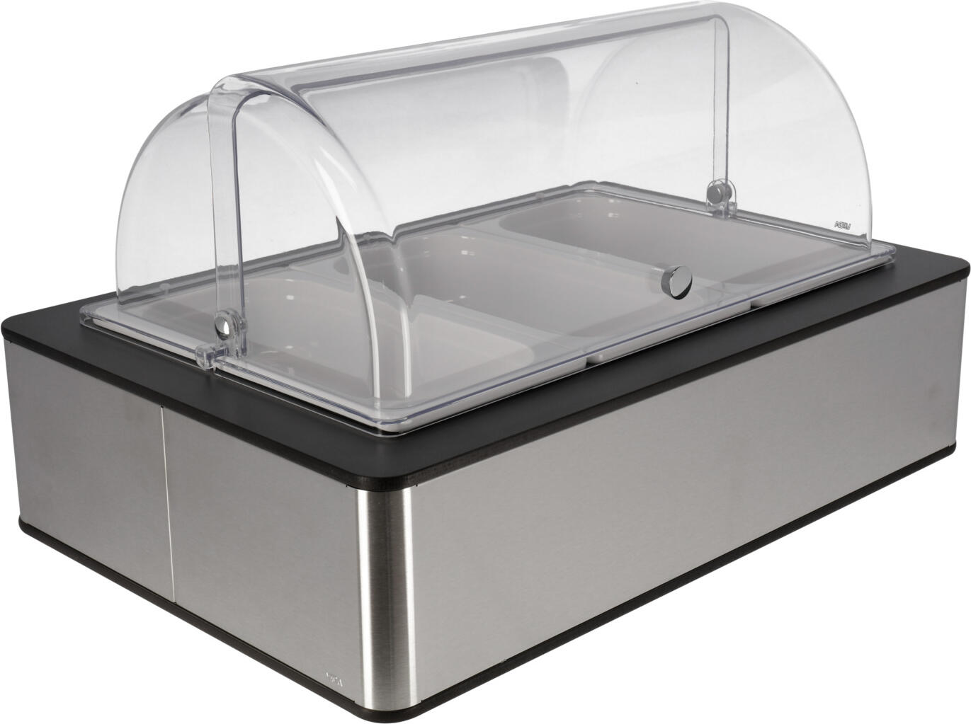 VEGA LUSINI Solutions GmbH Buffet display cabinet Fundale high, 6.5 cm, 3x GN 1/3, mela Buffetvitrine Fundale hoch, 6,5 cm, 3x GN 1/3, Melamin weiß Buffet display cabinet Fundale high, 6.5 cm, 3x GN 1/3, melamine white; GN 1/1, 63x42.5x33.9 cm (LxWxH); stainless steel/anthracite/white/transparent; rectangular Buffetvitrine Fundale hoch, 6,5 cm, 3x GN 1/3, Melamin weiß; GN 1/1, 63x42.5x33.9 cm (LxBxH); edelstahl/anthrazit/weiß/transparent; rechteckig This first-class buffet display cabinet combines high-quality materials, sophisticated design and maximum functionality - perfect for gastronomy, catering or discerning home users. The housing is made of brushed 18/10 stainless steel, which is particularly robust, rustproof and easy to clean, complemented by an elegant laminate panel. The base tray made of high-quality plastic is heat-resistant up to 70 °C and guarantees long-lasting use. A matching polyethylene ice pack ensures even cooling and keeps food fresh for longer. Three white GN containers 1/3 made of impact-resistant and break-proof melamine are each 6.5 cm deep, stackable and dishwasher-safe. The range of use from -30 °C to +70 °C makes them ideal for cold and hot food, for flexible use on buffets or in catering. The shatter-proof roll-top lid made of BPA-free Tritan reliably protects the food from contamination and enables quiet, convenient opening and closing thanks to the non-slip rubberised stop. Every detail of this refrigerated display case is designed for hygiene, durability and practical use. Advantages and features: * High-quality 18/10 stainless steel - robust, rust-free and easy to clean * Laminate panel for a modern, elegant look * Plastic base tray heat-resistant up to 70 °C * Polyethylene cooling battery for constant freshness * 3x GN containers 1/3 made of melamine - impact and break-resistant, stackable, dishwasher-safe, -30 °C to +70 °C * Shatterproof, BPA-free roll-top lid with non-slip rubberised stop * Ideal for gastronomy, buffets and catering - hygienic, practical and durable Diese erstklassige Buffetvitrine vereint hochwertige Materialien, durchdachtes Design und maximale Funktionalität – perfekt für Gastronomie, Catering oder anspruchsvolle Heimnutzer. Das Gehäuse besteht aus gebürstetem Edelstahl 18/10, der besonders robust, rostfrei und pflegeleicht ist, ergänzt durch eine elegante Laminatblende. Die Basisschale aus hochwertigem Kunststoff ist hitzebeständig bis 70?°C und garantiert eine langlebige Nutzung. Ein passender Kühlakku aus Polyethylen sorgt für gleichmäßige Kühlung und hält Speisen länger frisch. Drei weiße GN-Behälter 1/3 aus stoß- und bruchfestem Melamin sind jeweils 6,5?cm tief, stapelbar und spülmaschinenfest. Der Einsatzbereich von -30?°C bis +70?°C macht sie ideal für kalte und warme Speisen, flexibel einsetzbar auf Buffets oder beim Catering. Die bruchsichere Rolltophaube aus BPA-freiem Tritan schützt die Speisen zuverlässig vor Verunreinigungen und ermöglicht dank rutschfester Anschlagsgummierung ein leises, komfortables Öffnen und Schließen. Jedes Detail dieser Kühlvitrine ist auf Hygiene, Langlebigkeit und praktische Nutzung ausgelegt. Vorteile und Eigenschaften: * Hochwertiger Edelstahl 18/10 – robust, rostfrei und pflegeleicht * Laminatblende für moderne, edle Optik * Kunststoff-Basisschale hitzebeständig bis 70?°C * Polyethylen-Kühlakku für konstante Frische * 3x GN-Behälter 1/3 aus Melamin – stoß- und bruchfest, stapelbar, spülmaschinenfest, -30?°C bis +70?°C * Bruchsichere, BPA-freie Rolltophaube mit rutschfester Anschlagsgummierung * Optimal für Gastronomie, Buffets und Catering – hygienisch, praktisch und langlebig