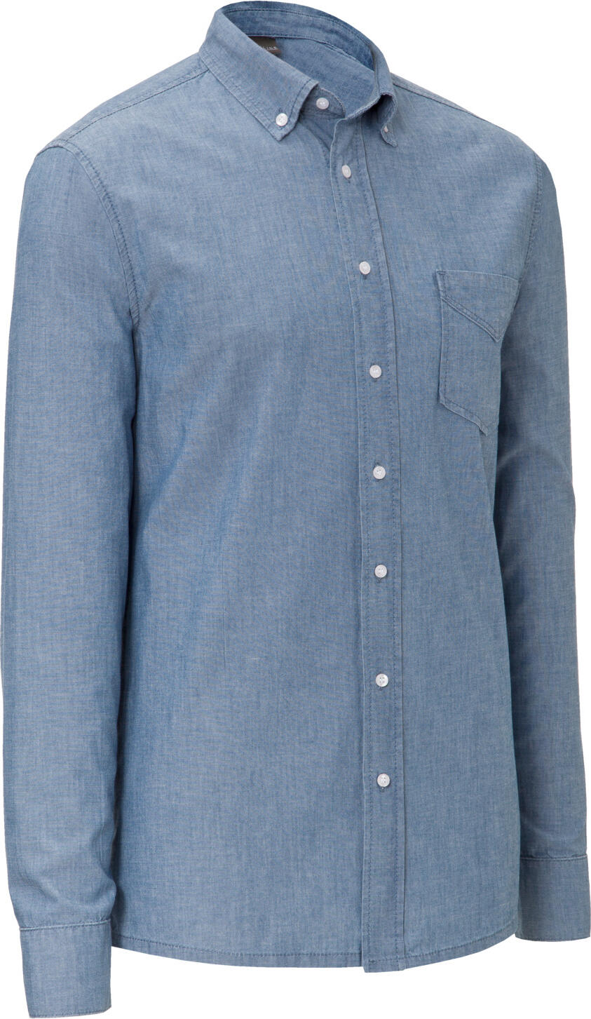 JOBELINE LUSINI Solutions GmbH Men's shirt Chambray long sleeve Herren Hemd Chambray Langarm Men's shirt Chambray long sleeve; Size 43/44; blue Herren Hemd Chambray Langarm; Kleidergröße 43/44; blau 100 % cotton. 40°C wash. Classic men's shirt with long sleeves in genuine chambray fabric. With button-down collar, button placket, breast pocket, sleeve cuff and rounded hem. The easy-care shirt has a slightly tailored cut and is also available in a half-sleeve version. Back length: 80 cm for size 39/40. 100 % Baumwolle. 40°-Wäsche. Klassisches Herrenhemd mit Langarm aus echtem Chambray-Stoff. Mit Button-down Kragen, Knopfleiste, Brusttasche, Ärmelmanschette und abgerundetem Saum. Das pflegeleichte Hemd ist leicht tailliert geschnitten und zusätzlich in Halbarm erhältlich. Rückenlänge: 80 cm in Gr 39/40