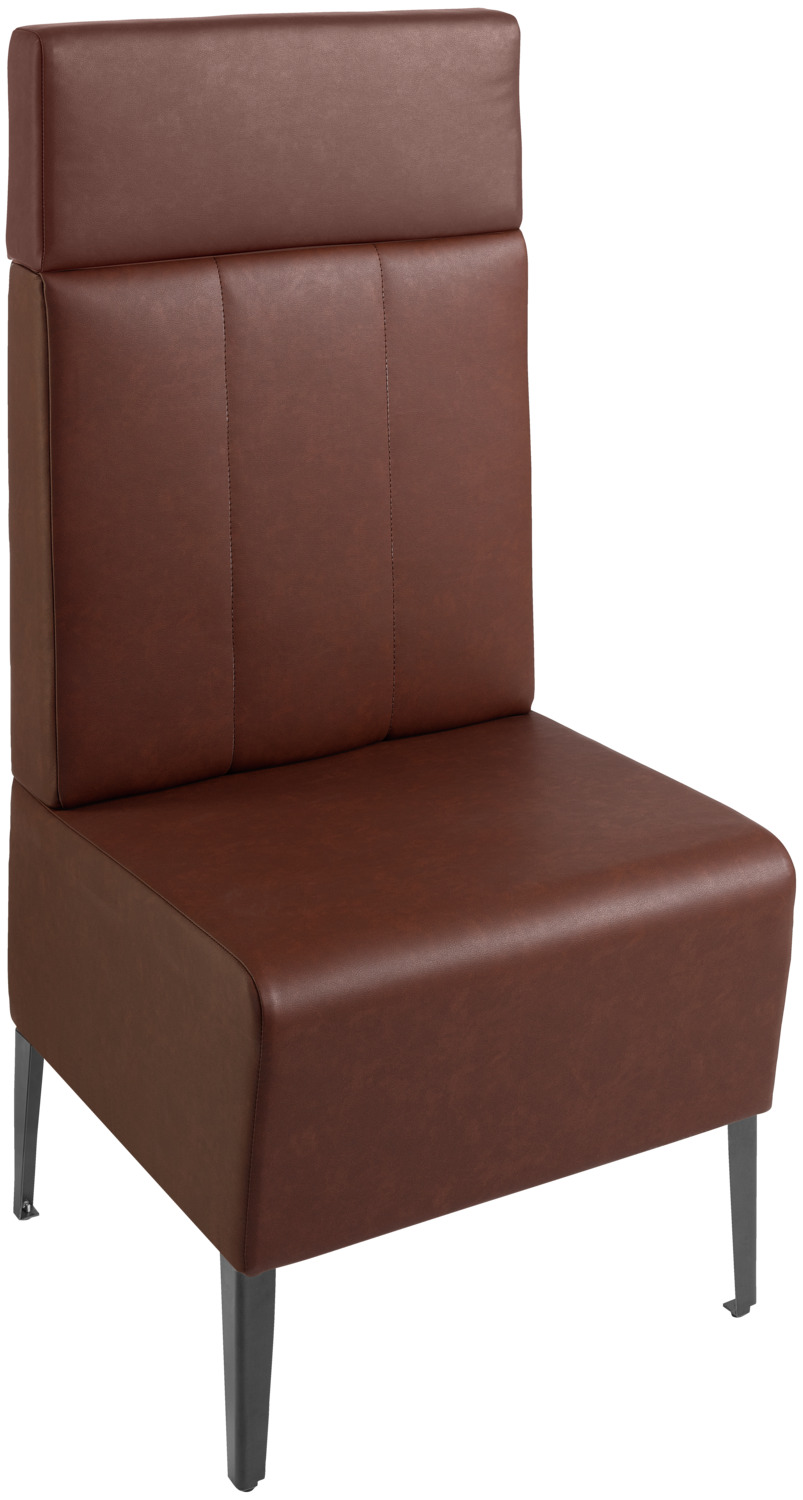 VEGA LUSINI Solutions GmbH Upholstered bench 60 Adapto with backrest element and uphols Polsterbank 60 Adapto mit Rückenelement und Aufsatzpolster Upholstered bench 60 Adapto with backrest element and upholstery; 60x64x127 cm (WxDxH); seat brown, base black Polsterbank 60 Adapto mit Rückenelement und Aufsatzpolster; 60x64x127 cm (BxTxH); Sitz braun, Gestell schwarz Adapto upholstered bench in imitation leather with steel feet for the Adapto modular bench system. Seat element incl. backrest with very high-quality stitching. Additional add-on element for height and comfort in the backrest area also available. Very comfortable and high-quality upholstered elements made of robust, very easy-care imitation leather in vintage style. Incl. integrated adjustable glides to compensate for uneven floors and walls. Can be linked side by side and back to back using linking fittings (please order item 10093926 separately). Quick and easy assembly. Other materials and dimensions available on request. Please note: The back cushions are not covered on the back as standard. This means that they can only be used freely in the room with a back-to-back connection. Combinable and easy to clean. Only suitable for indoor use. Modular system. Polsterbank Adapto aus Kunstleder mit Füßen aus Stahl für das modulare Banksystem Adapto. Sitzelement inkl. Rückenlehne mit sehr hochwertigen Steppnähten. Zusätzliches Aufsatzelement für Höhe und Komfort im Rückenbereich ebenfalls erhältlich. Sehr bequeme und hochwertige Polsterelemente aus robustem, sehr pflegeleichtem Kunstleder im Vintage-Style. Inkl. integrierter Verstellgleiter zum Ausgleich von unebenen Böden und Wänden. Verkettung nebeneinander und Rücken an Rücken durch Verkettungsbeschlag (Artikel 10093926 bitte separat bestellen). Einfache und schnelle Montage. Andere Materialien und Abmessungen auf Anfrage möglich. Achtung: Die Rückenpolster sind an der Rückseite standardmäßig nicht bezogen. Somit ist der Einsatz frei im Raum nur durch eine Rücken-an-Rücken-Verbindung möglich. Kombinierbar und pflegeleicht. Nur für den Innenbereich geeignet. Baukastensystem.