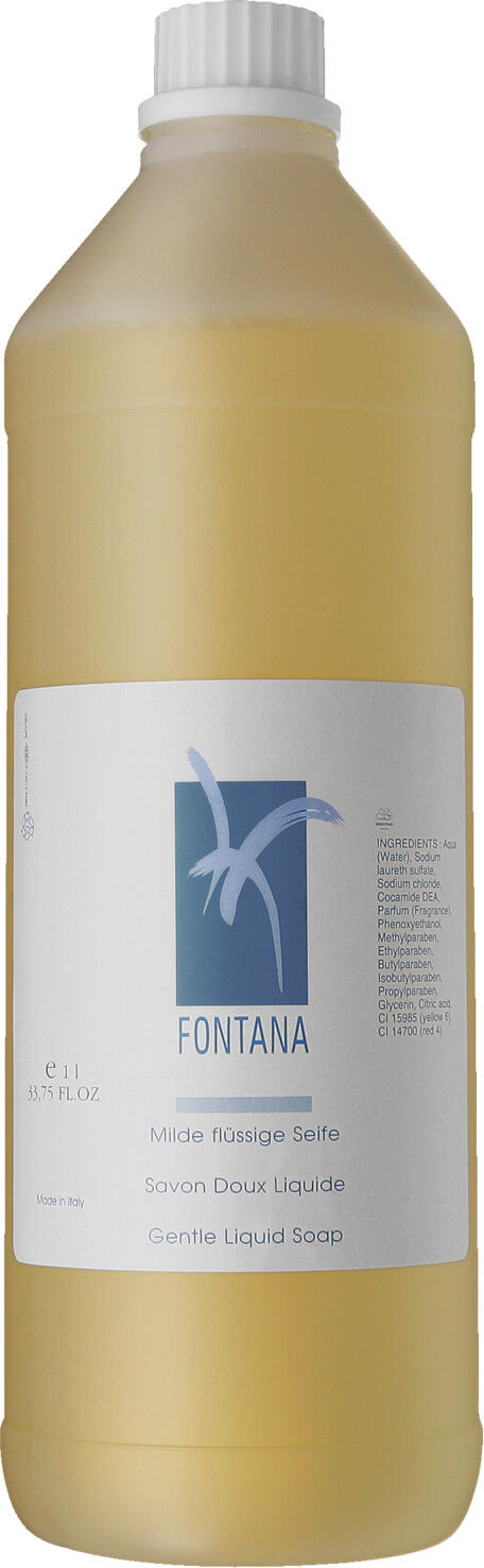 V-Touch LUSINI Solutions GmbH Hotel liquid soap Fontana 1l, refill bottle Hotel Flüssigseife  Fontana 1l, Nachfüllflasche Hotel liquid soap Fontana 1l, refill bottle; 1000 ml; yellow; 12 piece / pack Hotel Flüssigseife  Fontana 1l, Nachfüllflasche; 1000 ml; gelb; 12 Stück / Pack Fontana refillable liquid soap. The fine, fresh fragrance of citrus fruits, flowers and musk revitalises the senses and leaves a hygienic feeling. Particularly practical: the liquid soap is refillable. Dermatologically tested and pH-neutral! Packaged in a transparent 1 litre refill bottle with screw cap. Nachfüllbare Flüssigseife Fontana. Der feine, frische Duft nach Zitrusfrüchten, Blüten und Moschus belebt die Sinne und hinterlässt ein  hygienisches Gefühl. Besonders praktisch: Die Flüssigseife ist nachfüllbar. Dermatologisch getestet und pH-neutral! Verpackt in der transparenten 1 L-Nachfüllfalsche mit Schraubverschluss.