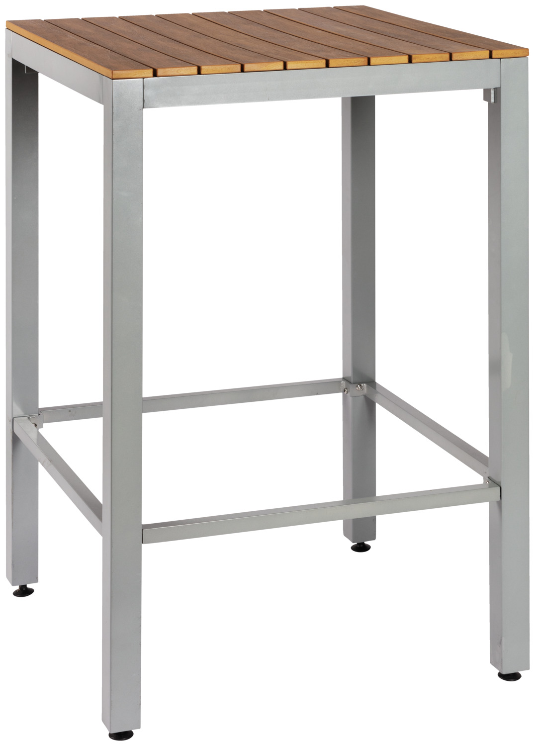 PULSIVA LUSINI Solutions GmbH Outdoor bar table Resistance Outdoor-Stehtisch Resistance Outdoor bar table Resistance; 70x70x110 cm (LxWxH); Table top brown, base grey; square Outdoor-Stehtisch Resistance; 70x70x110 cm (LxBxH); Platte braun, Gestell grau; quadratisch Outdoor bar table made of lightweight, powder-coated aluminium (Ø frame 5 cm, material thickness 1.5 cm). Table top made of robust 1.5 cm thick plastic slats in teak look. Practical cross struts as a footrest. Suitable for outdoor use. With plastic floor glides. Supplied disassembled, fixing materials included. Order matching bar stools and tables at the same time. Note: Please note a few points when using these tables: Glasses or other glass objects such as ashtrays or vases can cause a burning glass effect (magnifying glass effect) in direct sunlight, which can damage the surface. Outdoorstehtisch aus leichtem, pulverbeschichtetem Aluminium (Ø Gestell 5 cm, Materialstärke 1.5 cm). Tischplatte aus robustem 1.5 cm starkem Kunststoff-Leisten in Teak-Optik. Praktische Querstreben als Fußstütze. Für den Außenbereich geeignet. Mit Bodengleiter aus Kunststoff. Die Lieferung erfolgt zerlegt, Befestigungsmaterial inklusive. Passende Barhocker und Tische gleich mitbestellen. Hinweis: Beim Einsatz dieser Tische sind aber einige Punkte zu beachten: Gläser oder andere Gegenstände aus Glas wie Aschenbecher oder Vasen können bei direkter Sonneneinstrahlung einen Brennglas Effekt (Lupeneffekt) verursachen, der zu Beschädigungen der Oberfläche führen kann.