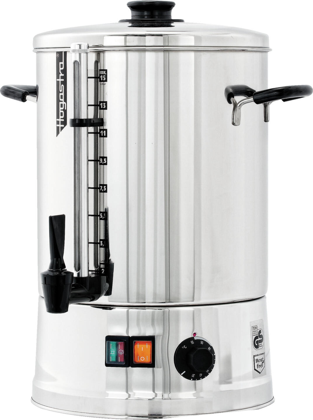 Hogastra Hogastra GmbH Hot water machine HWT-15 Heißwasserautomat HWT-15 Hot water machine HWT-15; 15 l, 49x28 cm (HxØ); silver Heißwasserautomat HWT-15; 15 l, 49x28 cm (HxØ); silber High-performance hot water machine made of 18/10 stainless steel. Can provide up to 15 liters of water per hour. Heat-up time approx. 20 minutes. A practical tap allows cups or jugs to be filled quickly. A sight glass indicates the amount of water left. Power: 2000 watts, capacity 2 - 15 liters, illuminated on/off switch, indicator light: heating phase red or holding phase green. With manually adjustable temperature control, stainless steel underfloor heating for temperatures between 30 °C and 95 °C. Hochleistungsfähiger Heißwasserautomat aus Edelstahl 18/10, rostfrei. Kann bis 15 Liter Wasser pro Stunde bereitstellen. Aufheizzeit ca. 20 Minuten. Durch praktischen Zapfhahn können Tassen oder im Schnelldurchlauf Kannen gefüllt werden. Ein Schauglas informiert über die noch vorhandene Wassermenge. Leistung: 2000 Watt, Fassungsvermögen 2 - 15 Liter, beleuchteter Ein/Aus-Schalter, Kontrollleuchte: Heizphase rot oder Heißhaltephase grün. Mit manuell einstellbarem Temperaturregler, Edelstahl-Unterbodenheizung für Temperatur zwischen 30 °C und 95 °C.