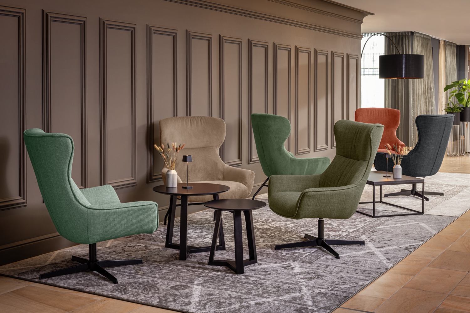 VEGA Elvar Wing Chair, Rotating Powder-coated Steel Frame, Fire-resistant 100% Polyester Fabric, Anthracite and Black, 85x85x101 cm