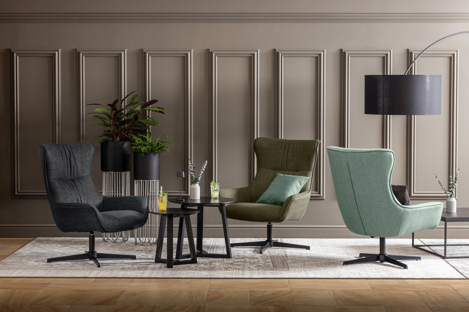 VEGA Elvar Wing Chair, Rotating Powder-Coated Steel Frame, Greyish Blue Polyester Fabric, 85x85x101 cm, Fire-Resistant Cover